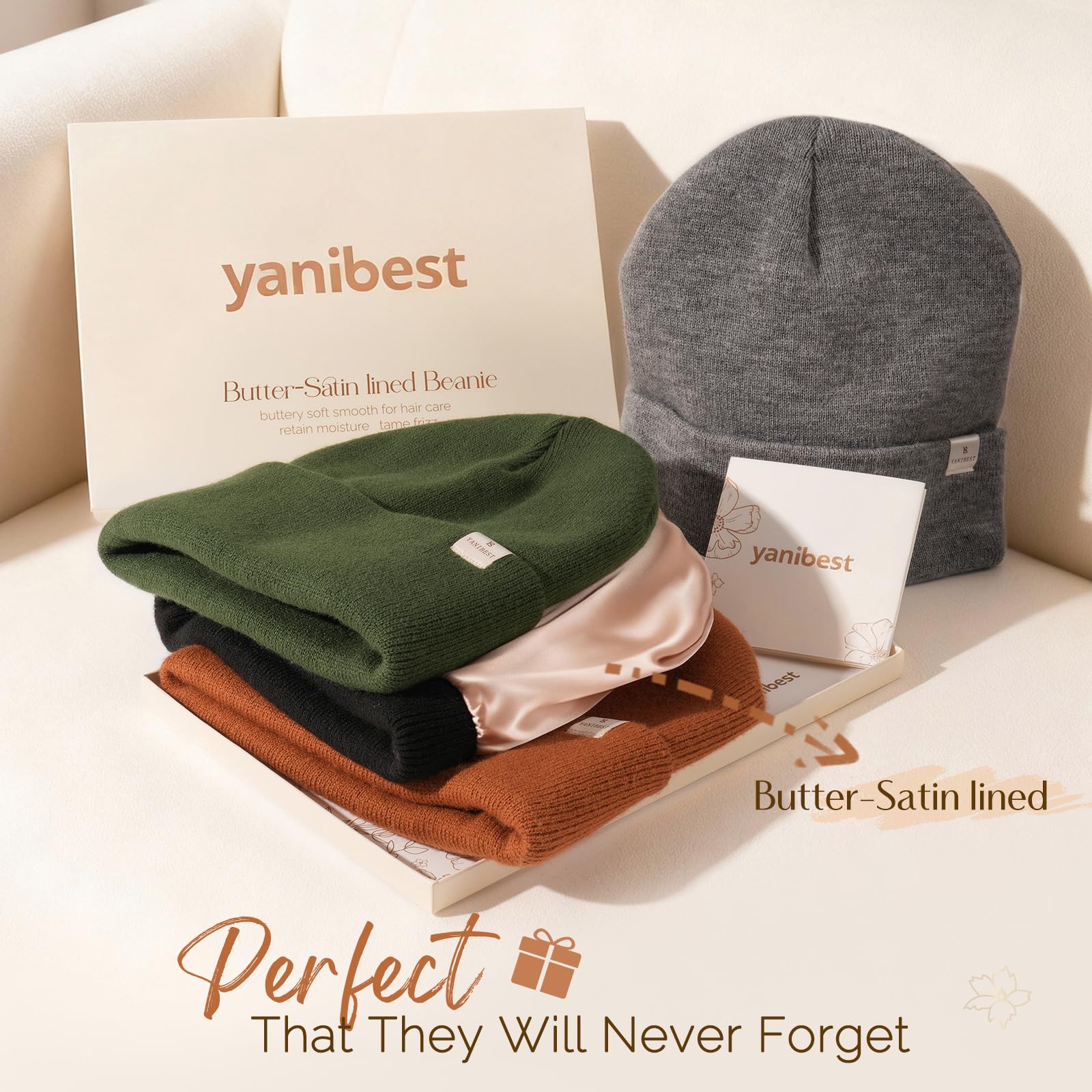 YANIBEST Satin Lined Beanie for Women Reduce Frizz Winter Hats for Women Men Silk Lining Soft Slouchy Warm Cuffed Less Static