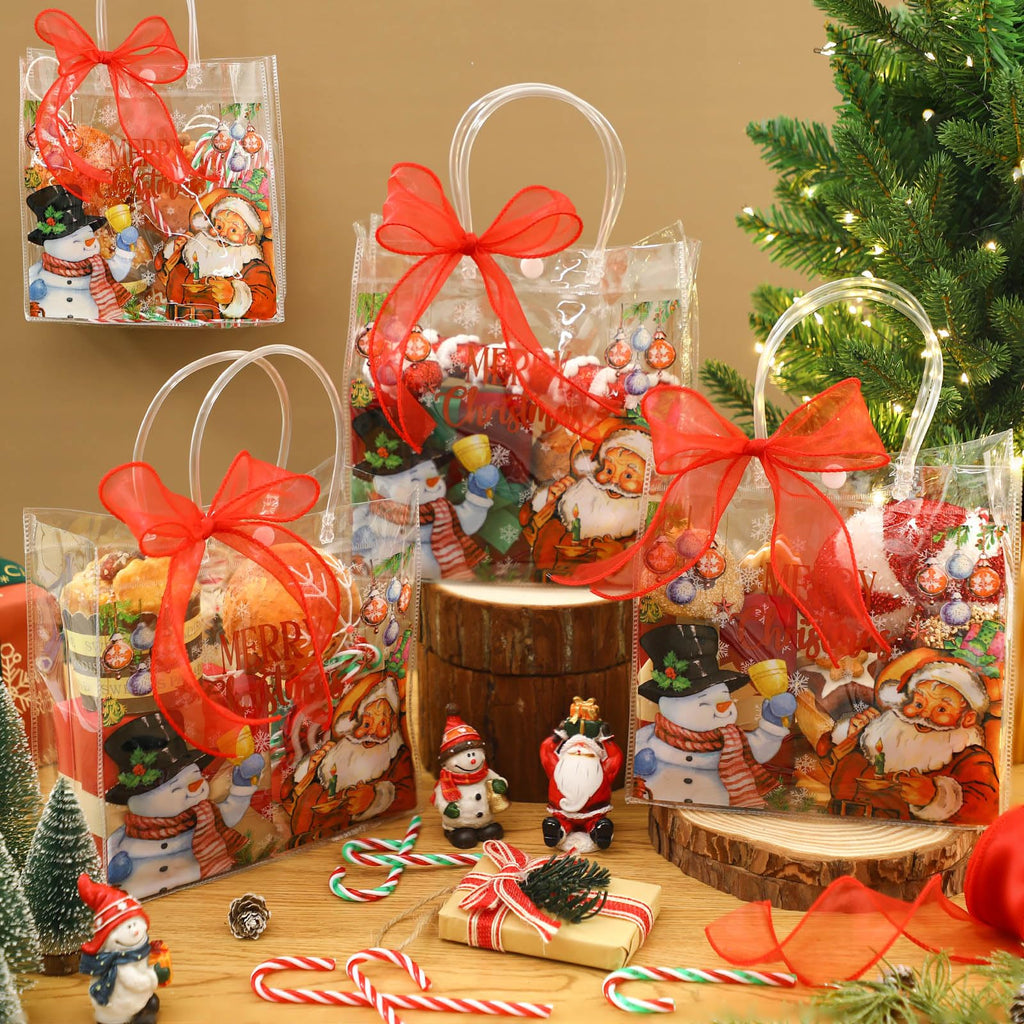 Motipuns 24 Pcs Christmas Clear PVC Gift Bags with Handles and Ribbon African American Black Santa Claus Party Favor Reusable Plastic Candy Treat Tote Bags for Merry New year Xmas Birthday Supplies