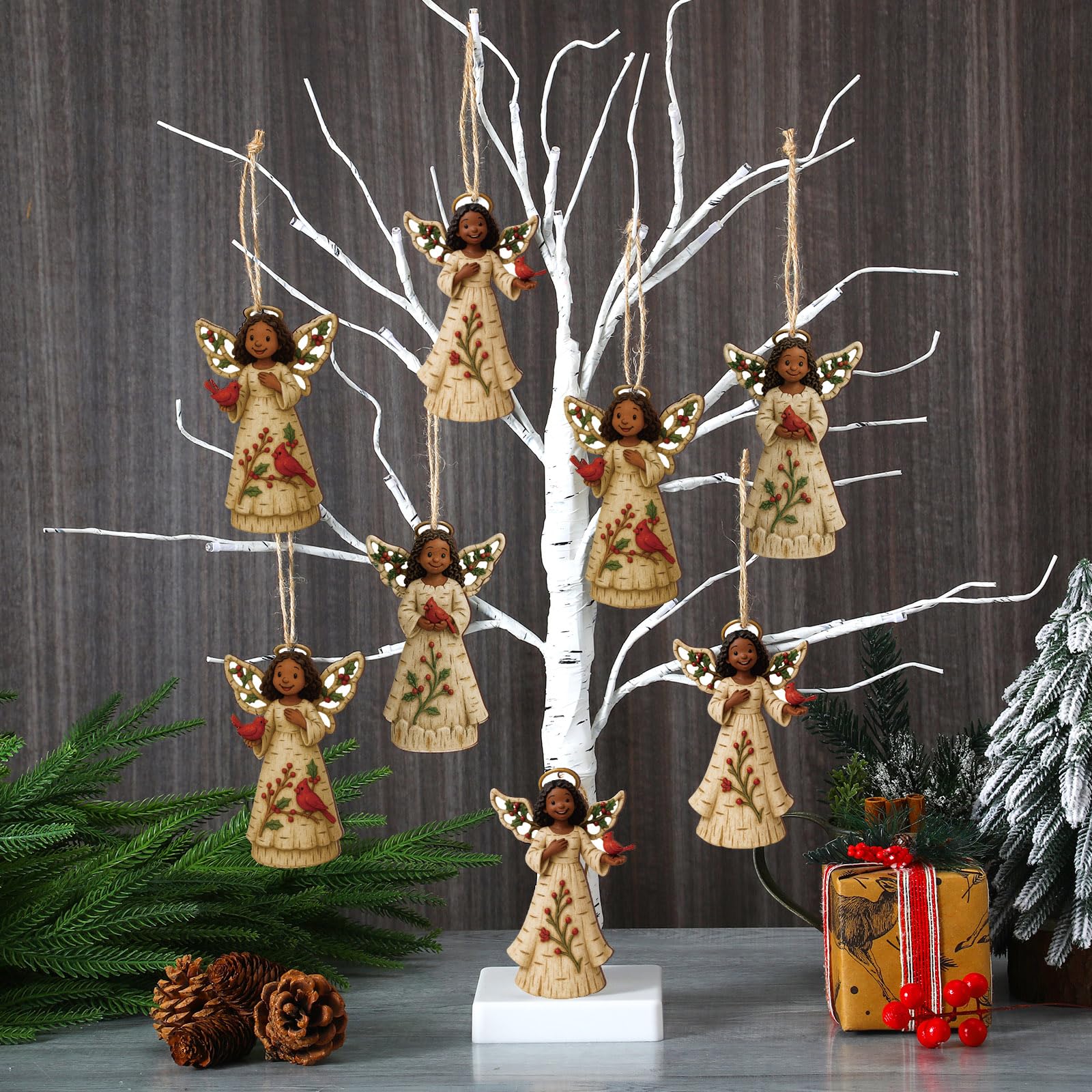 Youyole 24 Pcs Christmas Decoration African American Angel Ornaments with Cardinal Black Angel Ornaments Xmas Wooden Decor Gift for Christmas Tree Fireplace Office Holiday Decor (Wings)