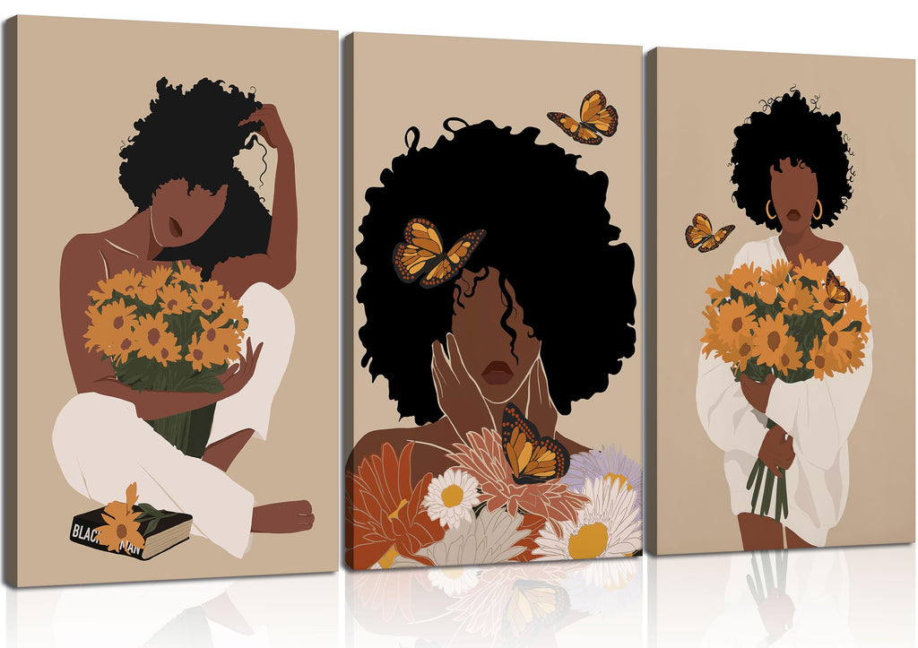 WSTUKVV 3Pcs Black Girl Bathroom Wall Art Boho Black Woman Posters Pictures African American Canvas Prints Fashion Abstract Paintings For Bathroom Home Bedroom Living Room Wall Decor Frame