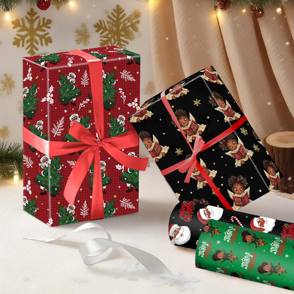 CRASHOT Christmas Wrapping Paper - 12 Sheet Black Girl Gift Wrapping Paper, Xmas Tree Santa Design for Party Birthday Holiday (Not Roll, 19.7 x 27.6 Inch)