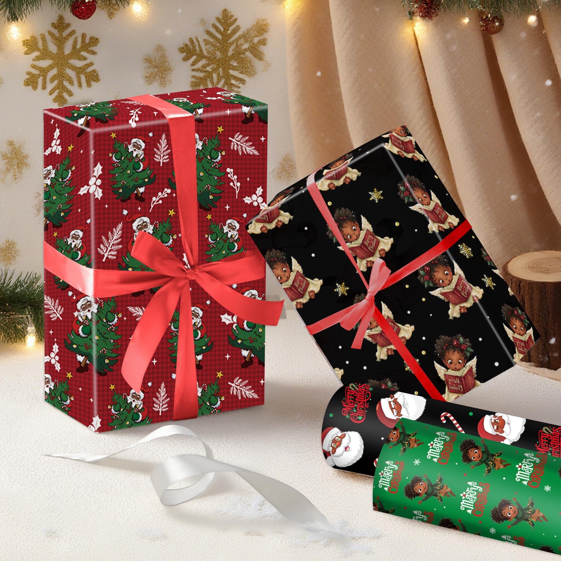 CRASHOT Christmas Wrapping Paper - 12 Sheet Black Girl Gift Wrapping Paper, Xmas Tree Santa Design for Party Birthday Holiday (Not Roll, 19.7 x 27.6 Inch)