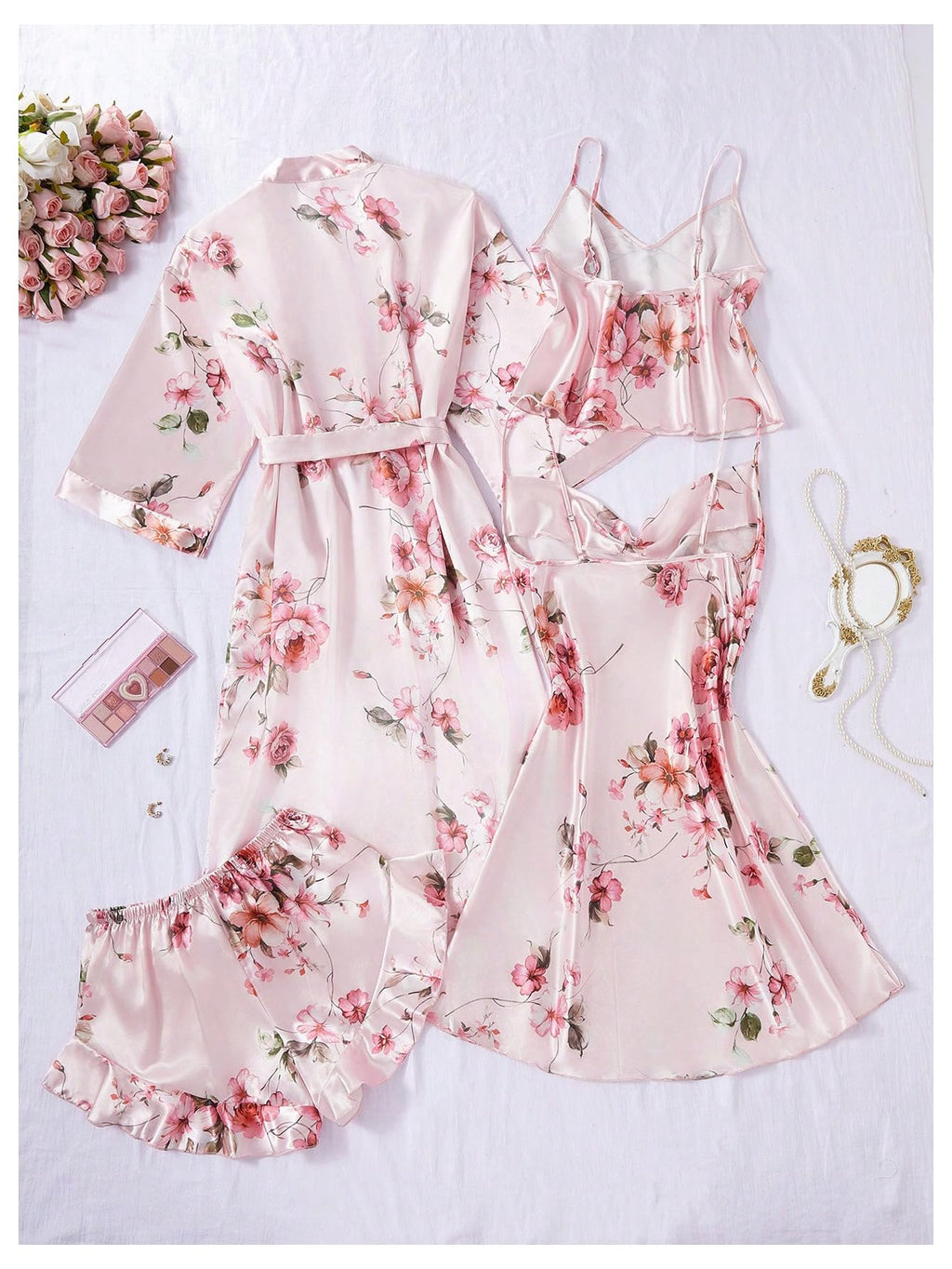 GORGLITTER Women's 5 Piece Floral Print Satin Pajama Set Nightgown Robe Cami Shorts Sleepwear with Storage Bag