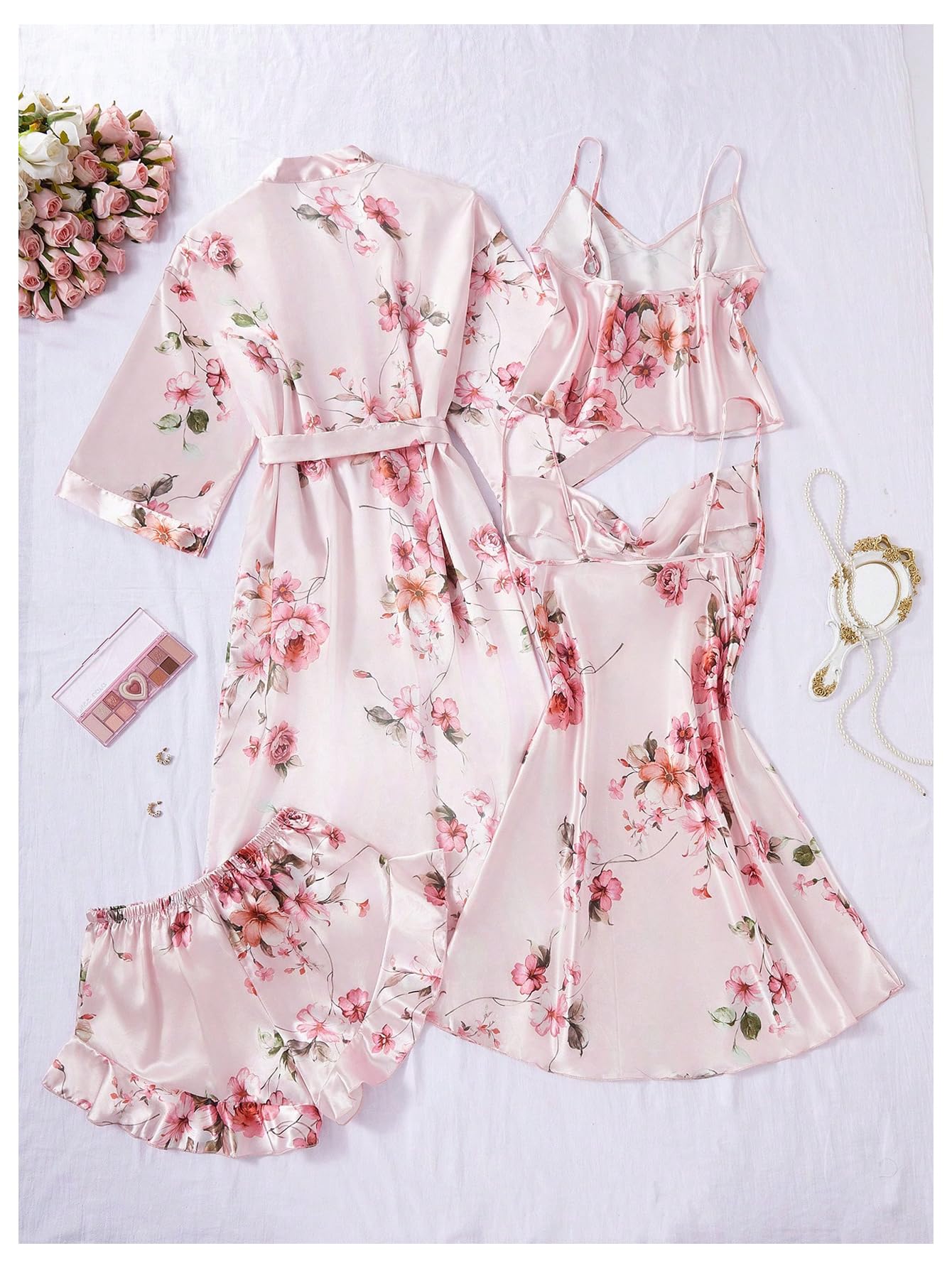 GORGLITTER Women's 5 Piece Floral Print Satin Pajama Set Nightgown Robe Cami Shorts Sleepwear with Storage Bag