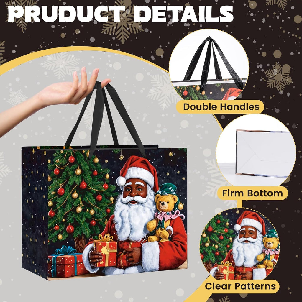 Merry Christmas Gift Bags African American Black Santa Claus Christmas Gift Wrapping Bag with Greeting Card and Tissue Wrapping Paper Large Xmas Goody Bags with Handles for Holiday Christmas Party Favors