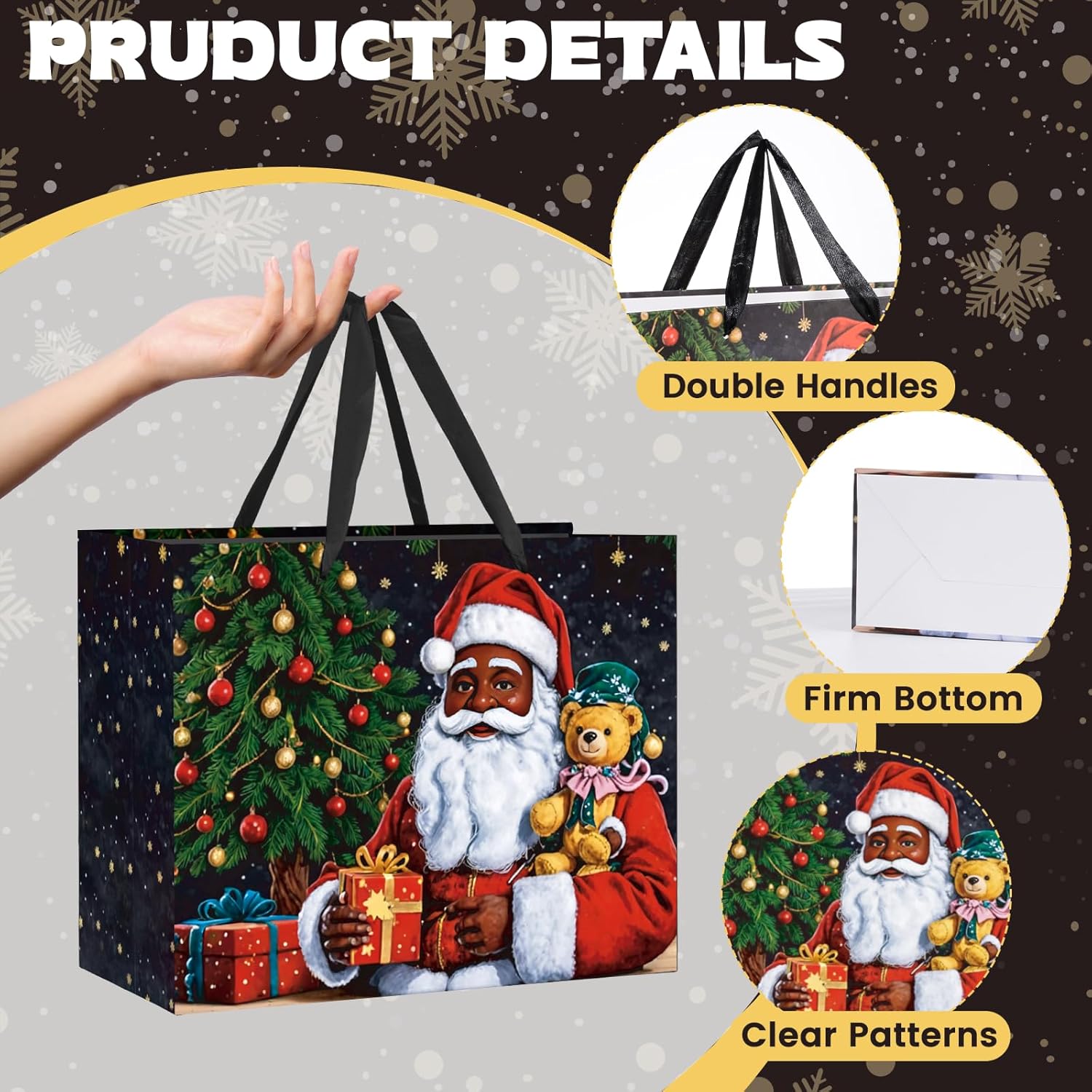 Merry Christmas Gift Bags African American Black Santa Claus Christmas Gift Wrapping Bag with Greeting Card and Tissue Wrapping Paper Large Xmas Goody Bags with Handles for Holiday Christmas Party Favors