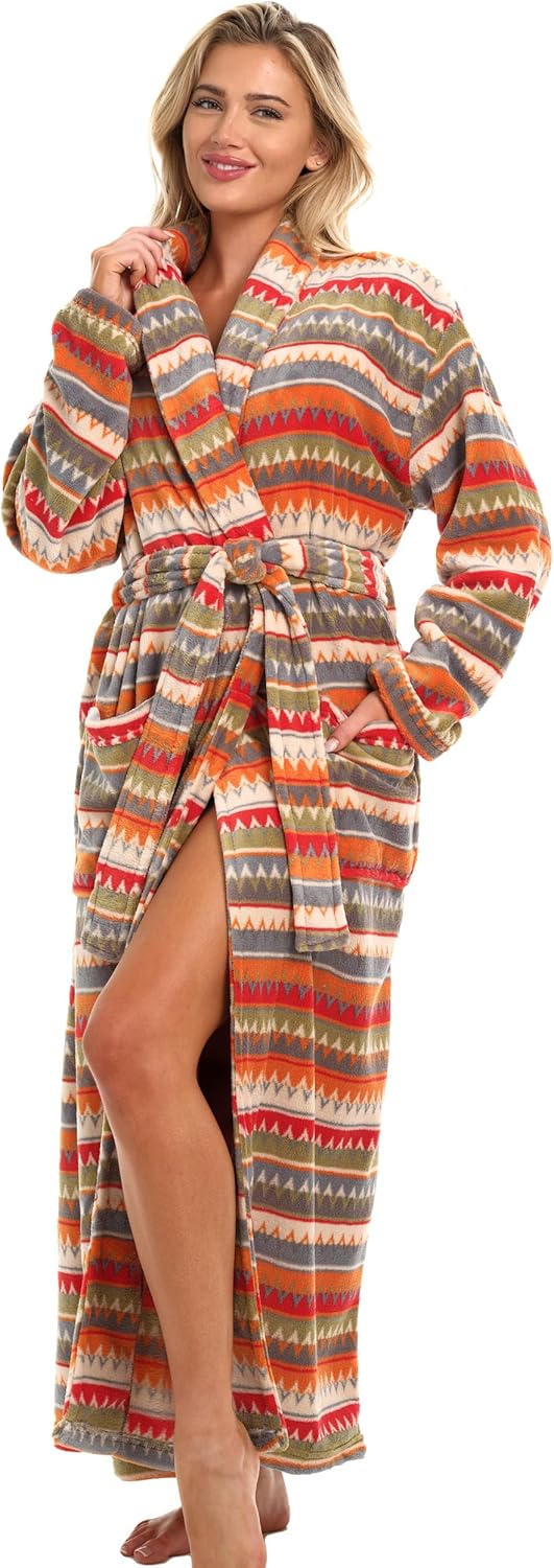 Alexander Del Rossa Plush Striped Robe for Women, Long Fleece Plaid Winter Bath Robe, Plus Size