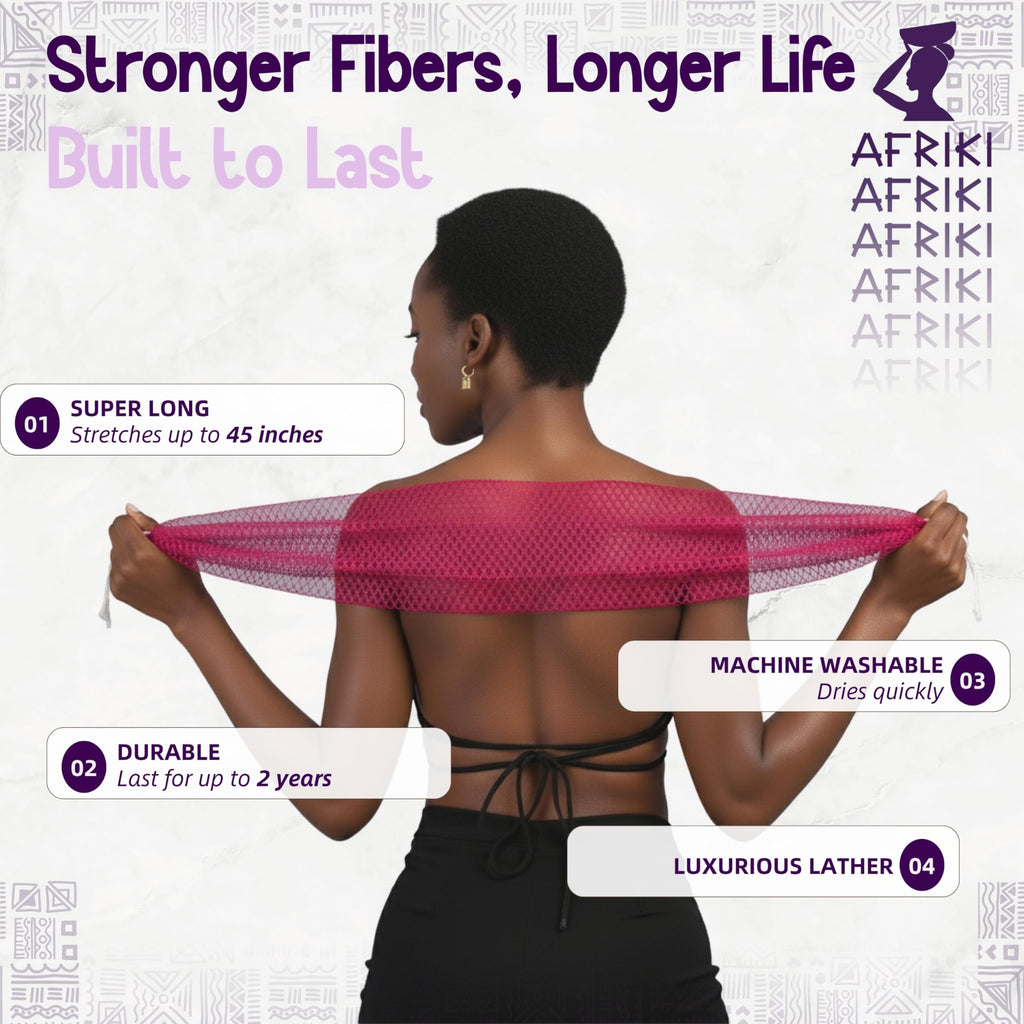 AFRIKI African Net Sponge – Exfoliating Body Scrubber, Black Owned & Rooted in Africa, All Skin Types | 45 in Long