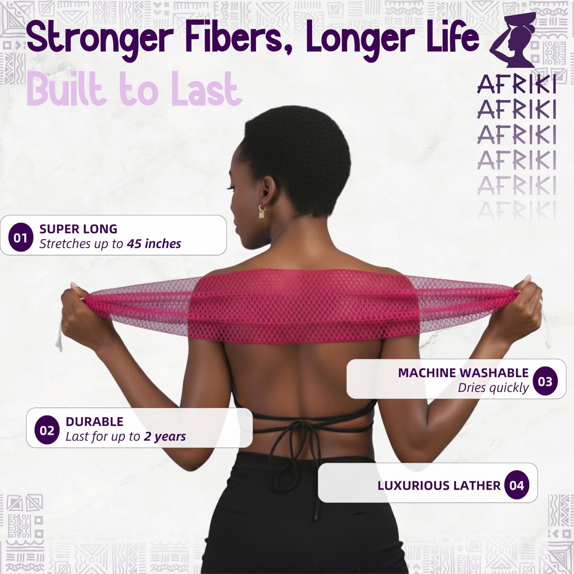 AFRIKI African Net Sponge – Exfoliating Body Scrubber, Black Owned & Rooted in Africa, All Skin Types | 45 in Long