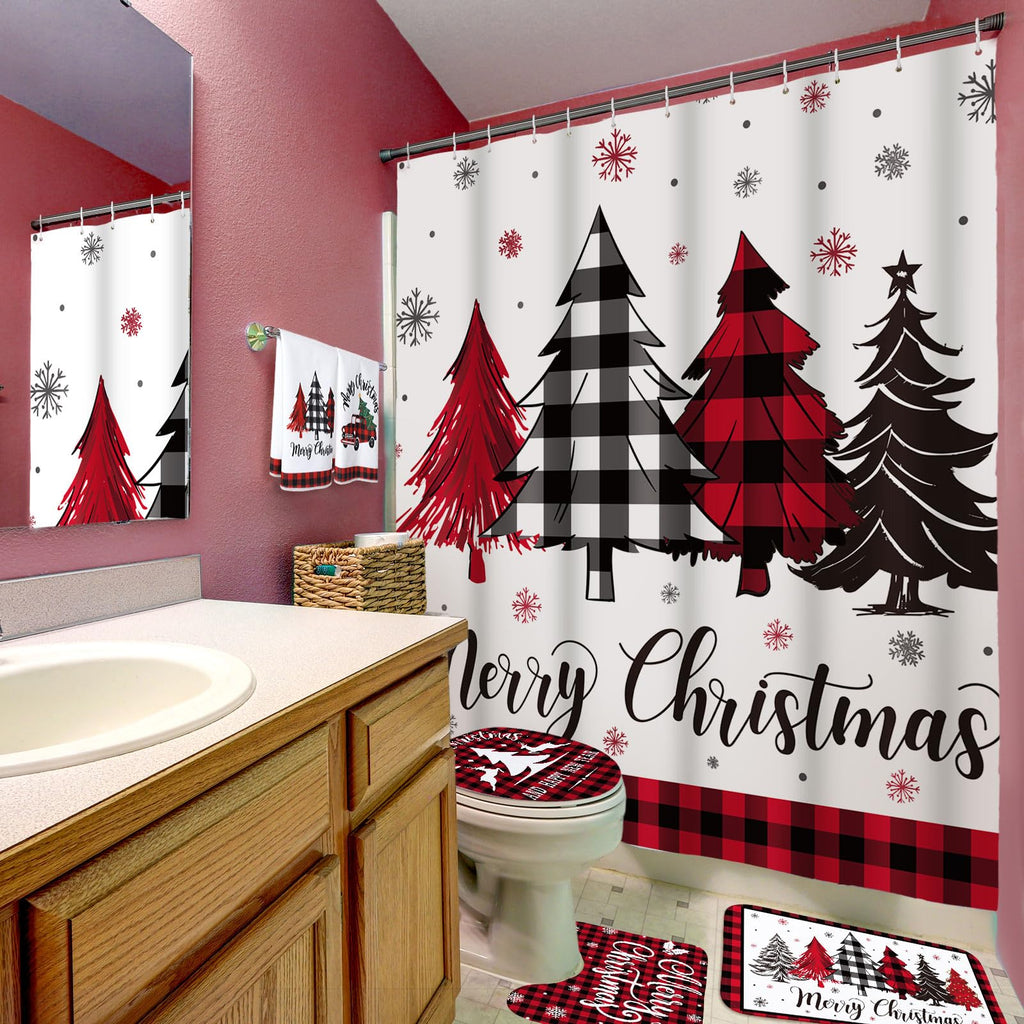 Honoson 8 Pcs Christmas Black Santa Claus Shower Curtain Set with Rugs and Kitchen Towels African American Retro Christmas Bathroom Decor Black Santa Curtain Decorations Xmas Farmhouse Gifts