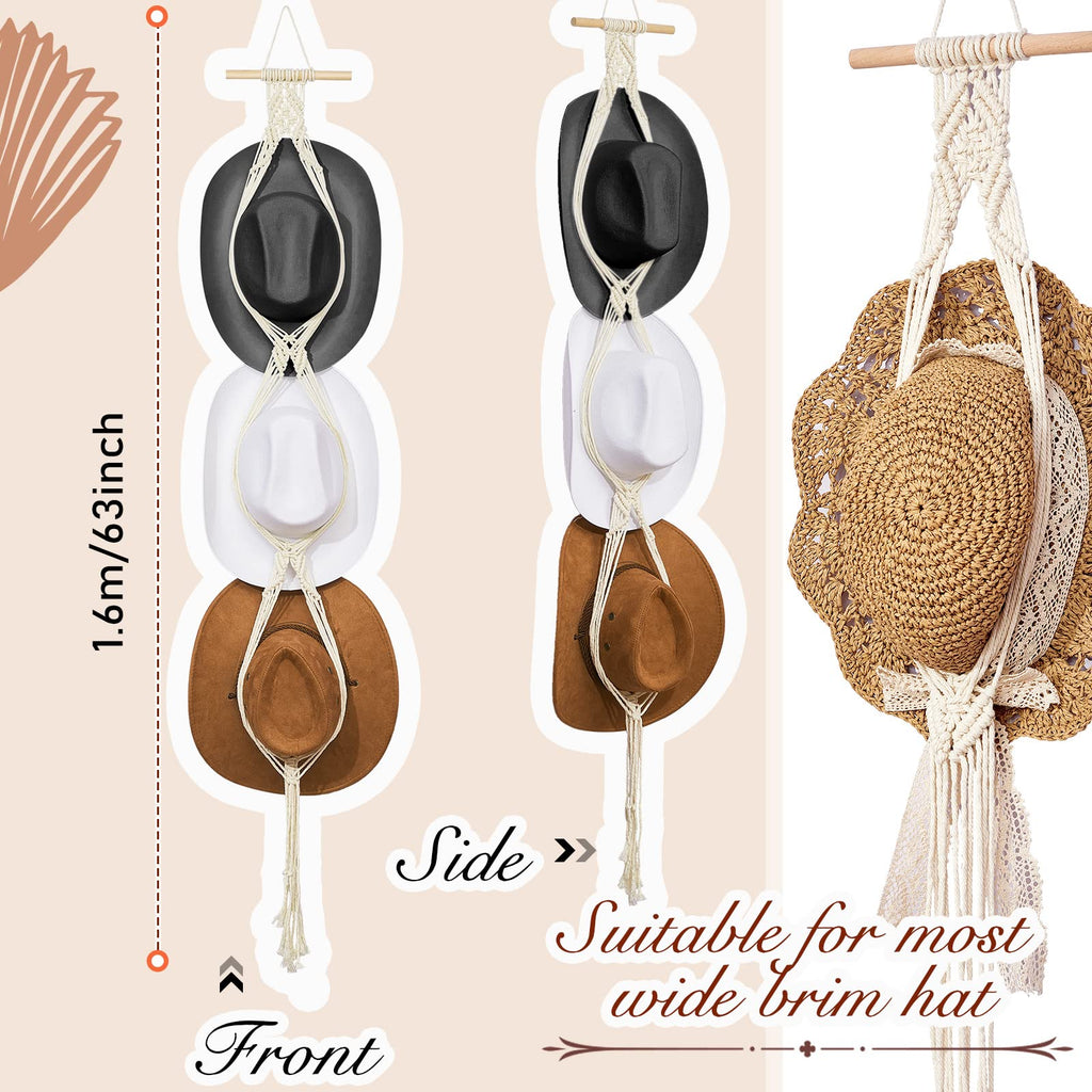 Yulejo Macrame Hat Hangers Boho Hat Rack for Wall Western Cowboy Hanging Organizer for Door Wall Room Bedroom