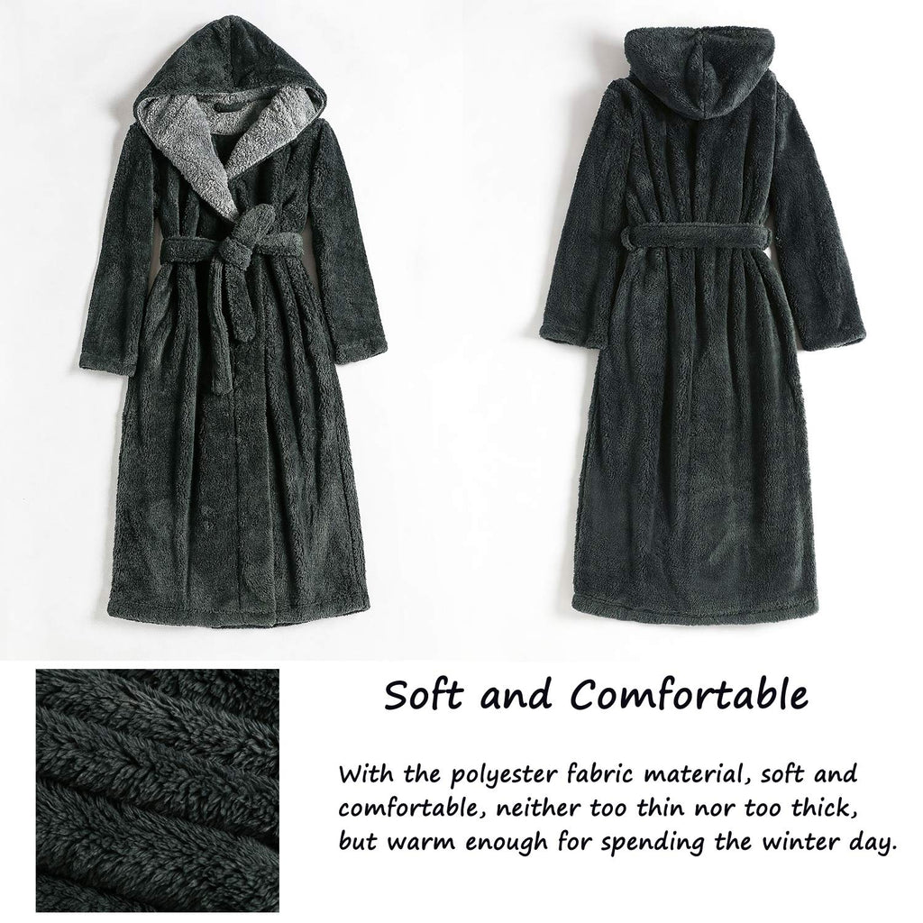Hellomamma Long Hooded Robe for Women Luxurious Flannel Fleece Full Length Bathrobe Winter Warm Pajamas Shower Nightgown