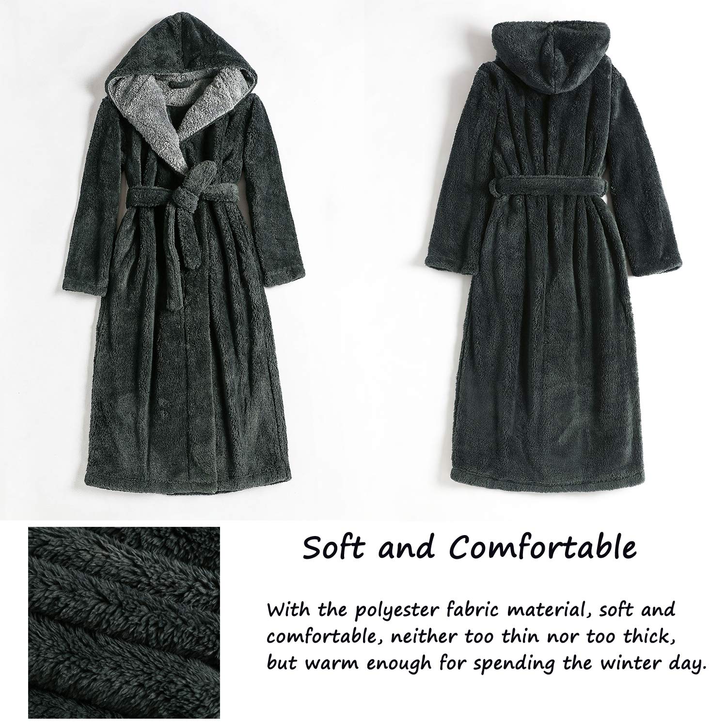 Hellomamma Long Hooded Robe for Women Luxurious Flannel Fleece Full Length Bathrobe Winter Warm Pajamas Shower Nightgown