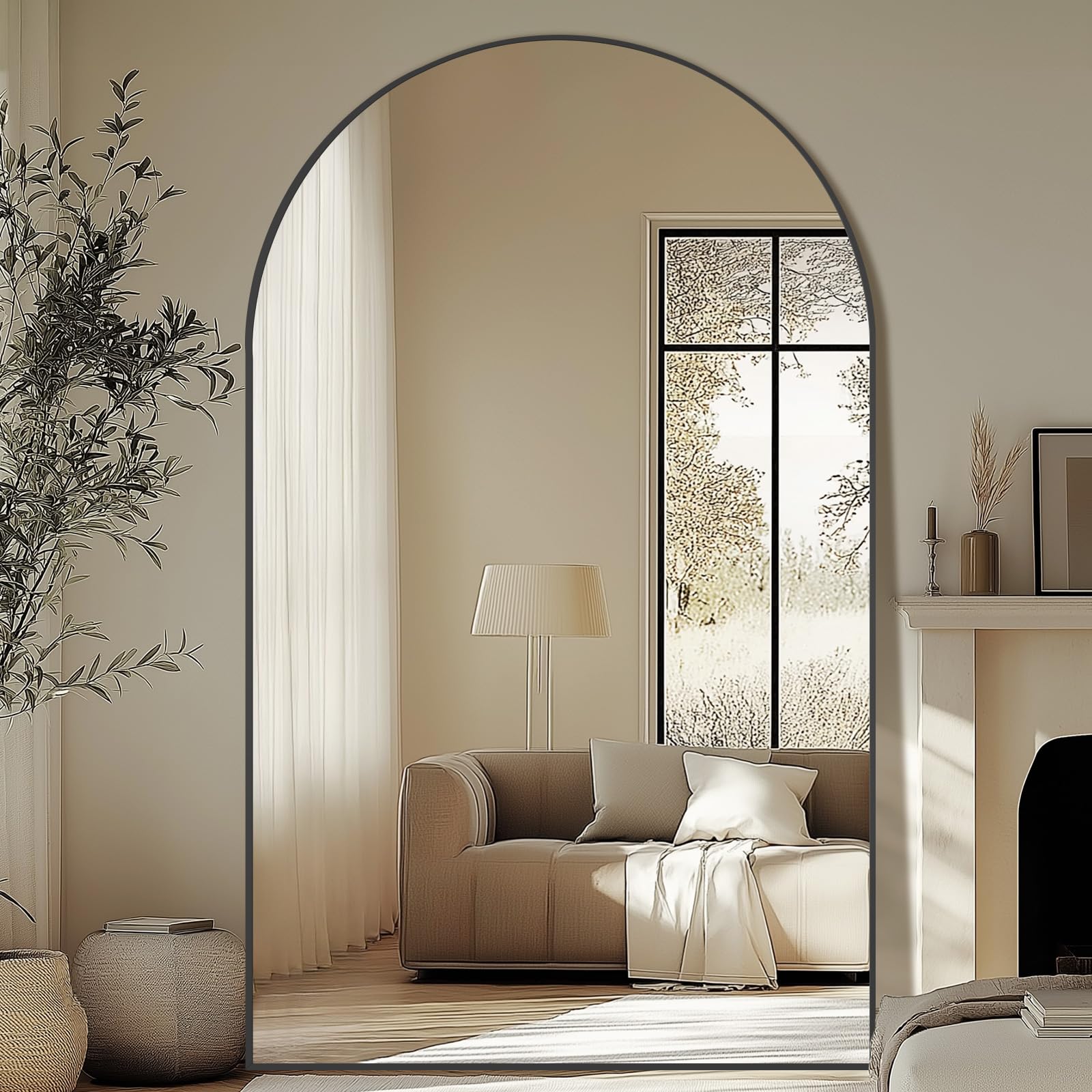 Oversized Floor Mirror Full Length with Stand, 72"X44" Extra Large Arch Standing Mirror Full Length, Tempered Glass Black Full Body Mirror for Bedroom Living Room, Aluminum Alloy Frame