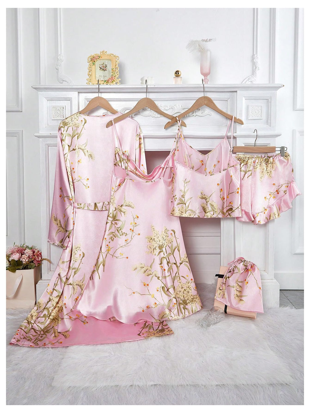 GORGLITTER Women's 5 Piece Floral Print Satin Pajama Set Nightgown Robe Cami Shorts Sleepwear with Storage Bag