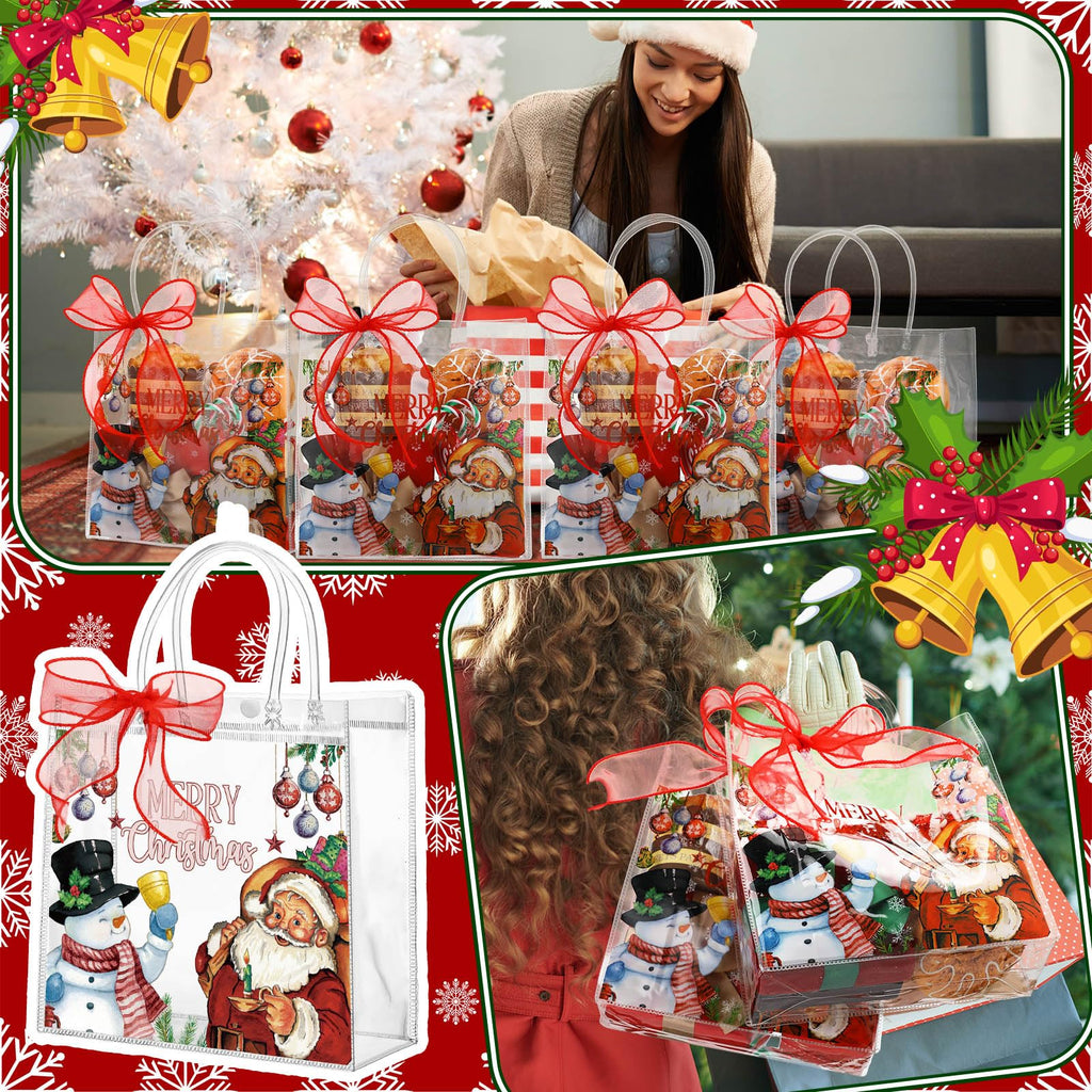Motipuns 24 Pcs Christmas Clear PVC Gift Bags with Handles and Ribbon African American Black Santa Claus Party Favor Reusable Plastic Candy Treat Tote Bags for Merry New year Xmas Birthday Supplies