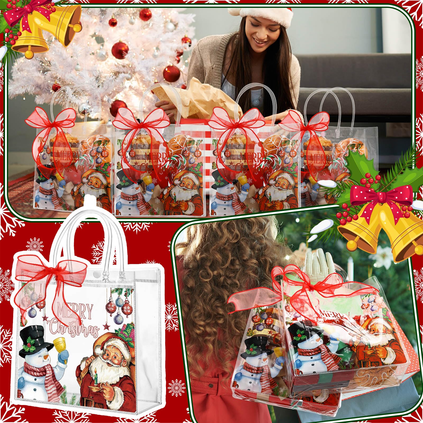 Motipuns 24 Pcs Christmas Clear PVC Gift Bags with Handles and Ribbon African American Black Santa Claus Party Favor Reusable Plastic Candy Treat Tote Bags for Merry New year Xmas Birthday Supplies