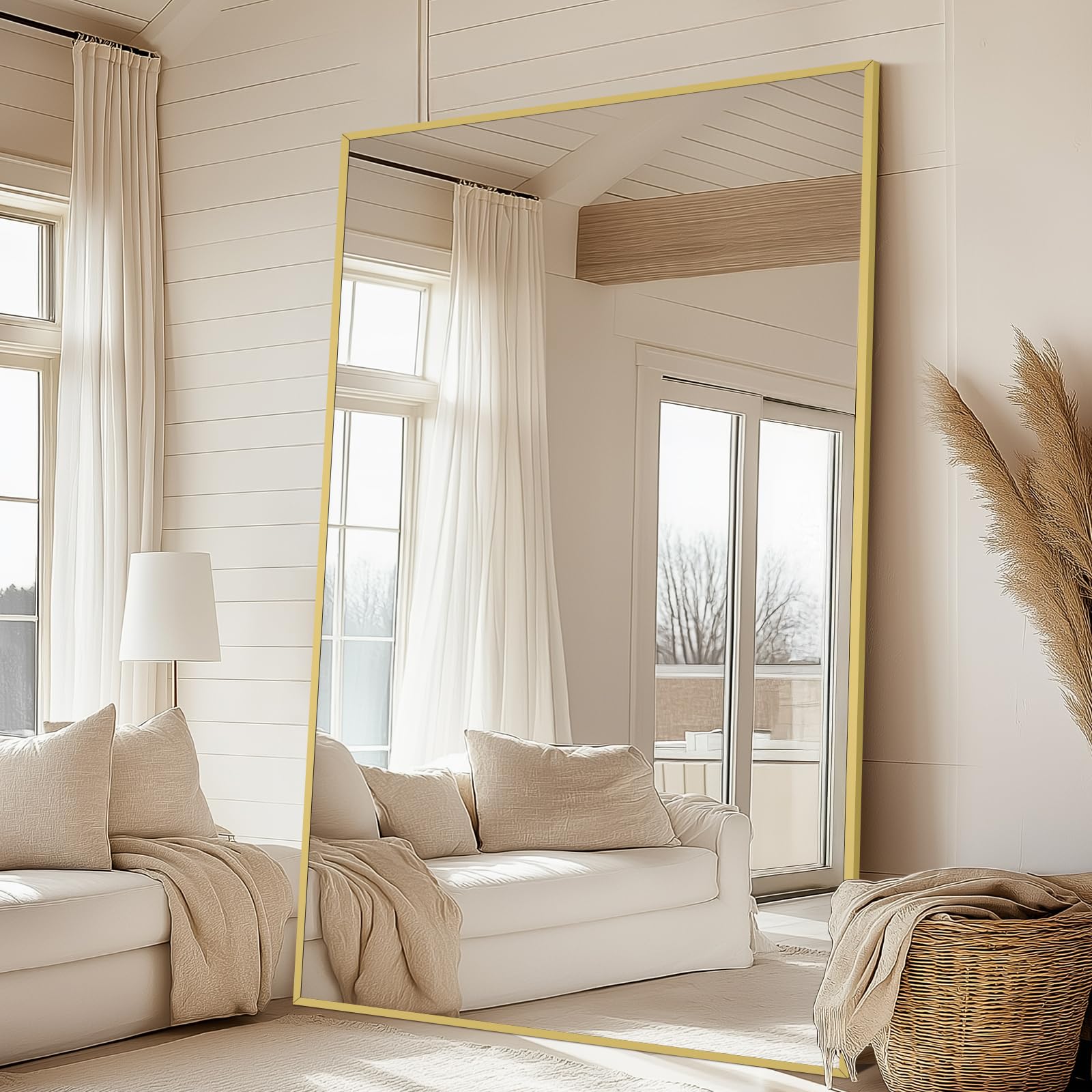 Oversized Floor Mirror Full Length with Stand, 72"X44" Extra Large Arch Standing Mirror Full Length, Tempered Glass Black Full Body Mirror for Bedroom Living Room, Aluminum Alloy Frame