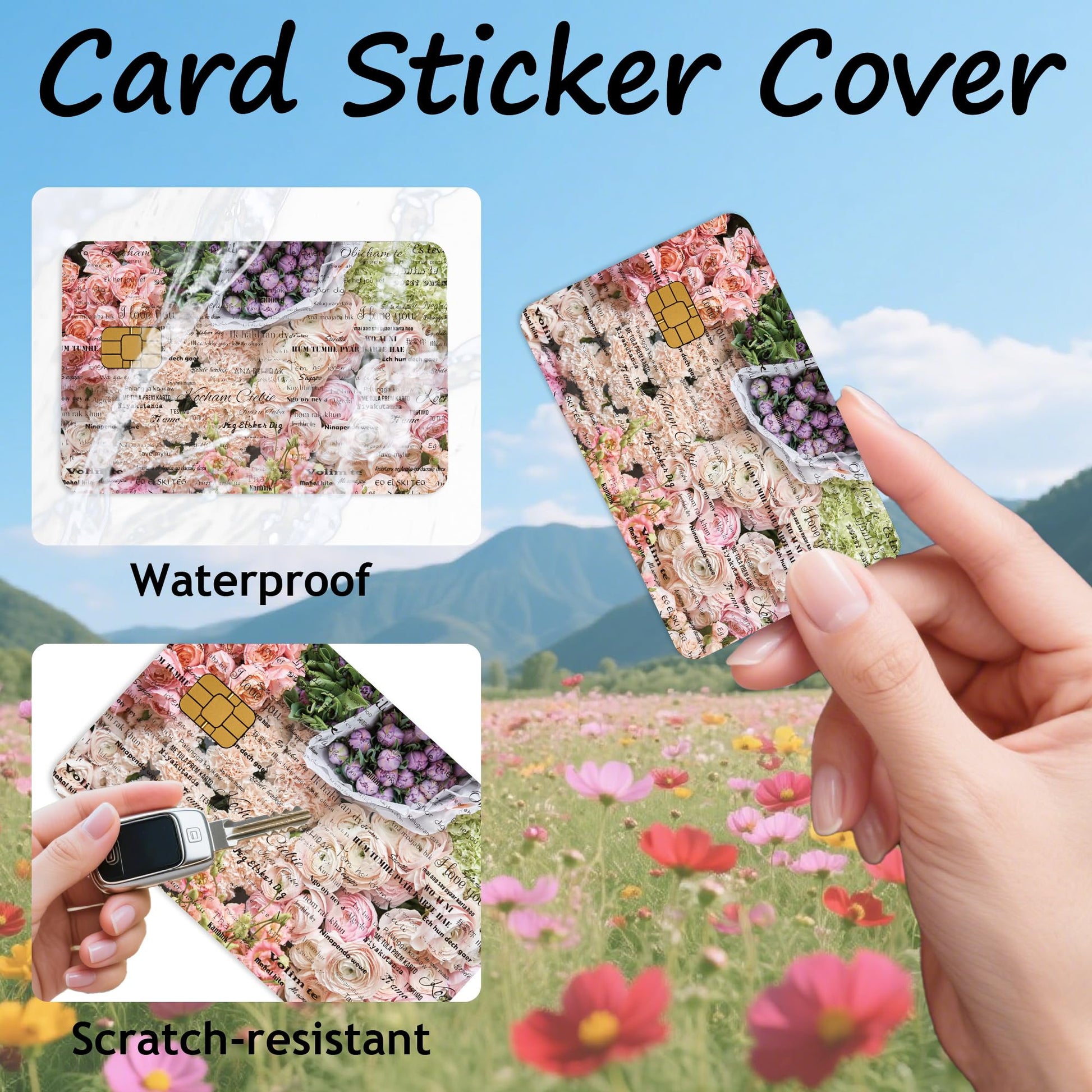 Credit Card Skin Stickers: 4PCS Scenic Mountain Debit Card Skins, Chinoiserie Landscape Cards Covers with Chip Cutout, Waterproof Removable Sticker Wraps for Bank Transportation Key Cards