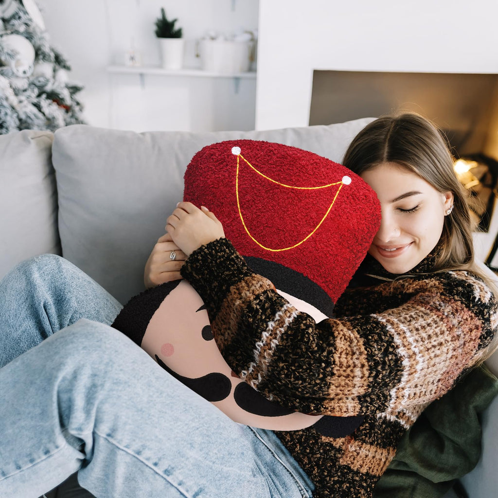 Nutcracker Christmas Throw Pillow Christmas Nutcracker Shaped Decoration Decorative Cushion 14.5‘' x 13‘' Faux Rabbit Fur Embroidered Pillow Xmas Gift for Home Sofa Chair Bed(African American)