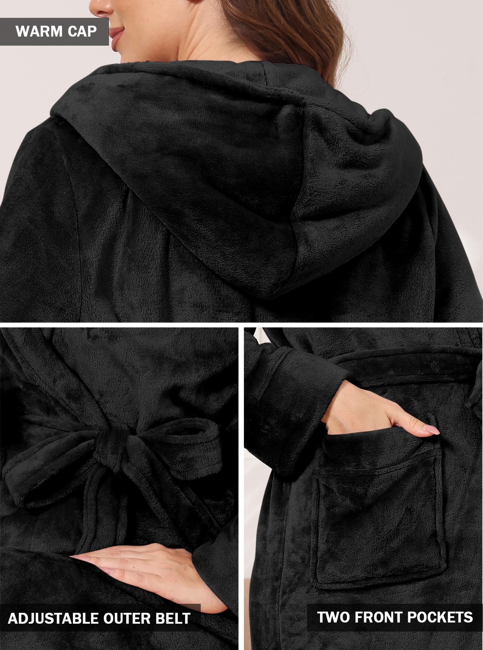 Hellomamma Long Hooded Robe for Women Luxurious Flannel Fleece Full Length Bathrobe Winter Warm Pajamas Shower Nightgown