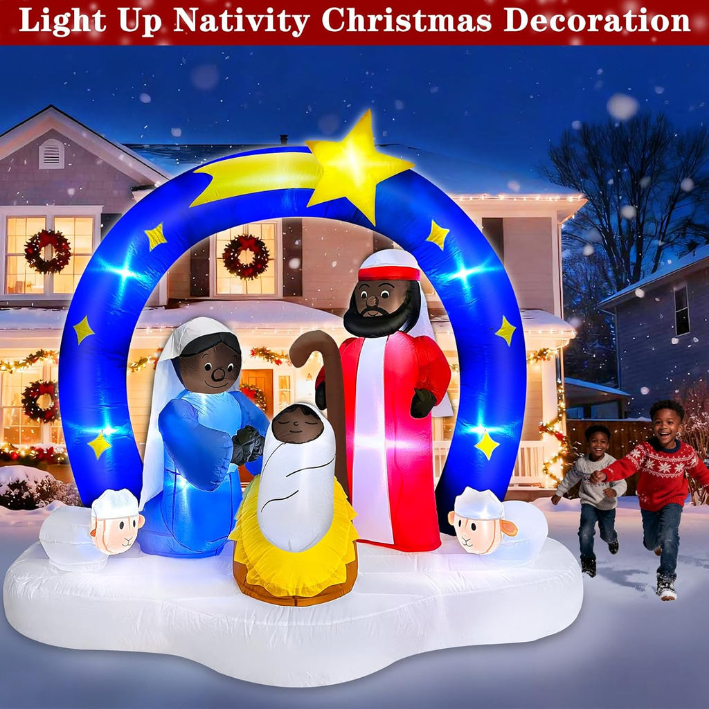 7 FT Long 6 Ft Tall African American Christmas Inflatable Black Nativity Set Built-in LED Lights The Birth of Jesus Scene with Star of Bethlehem Archway Blow up for Yard Garden Xmas Holiday Decor