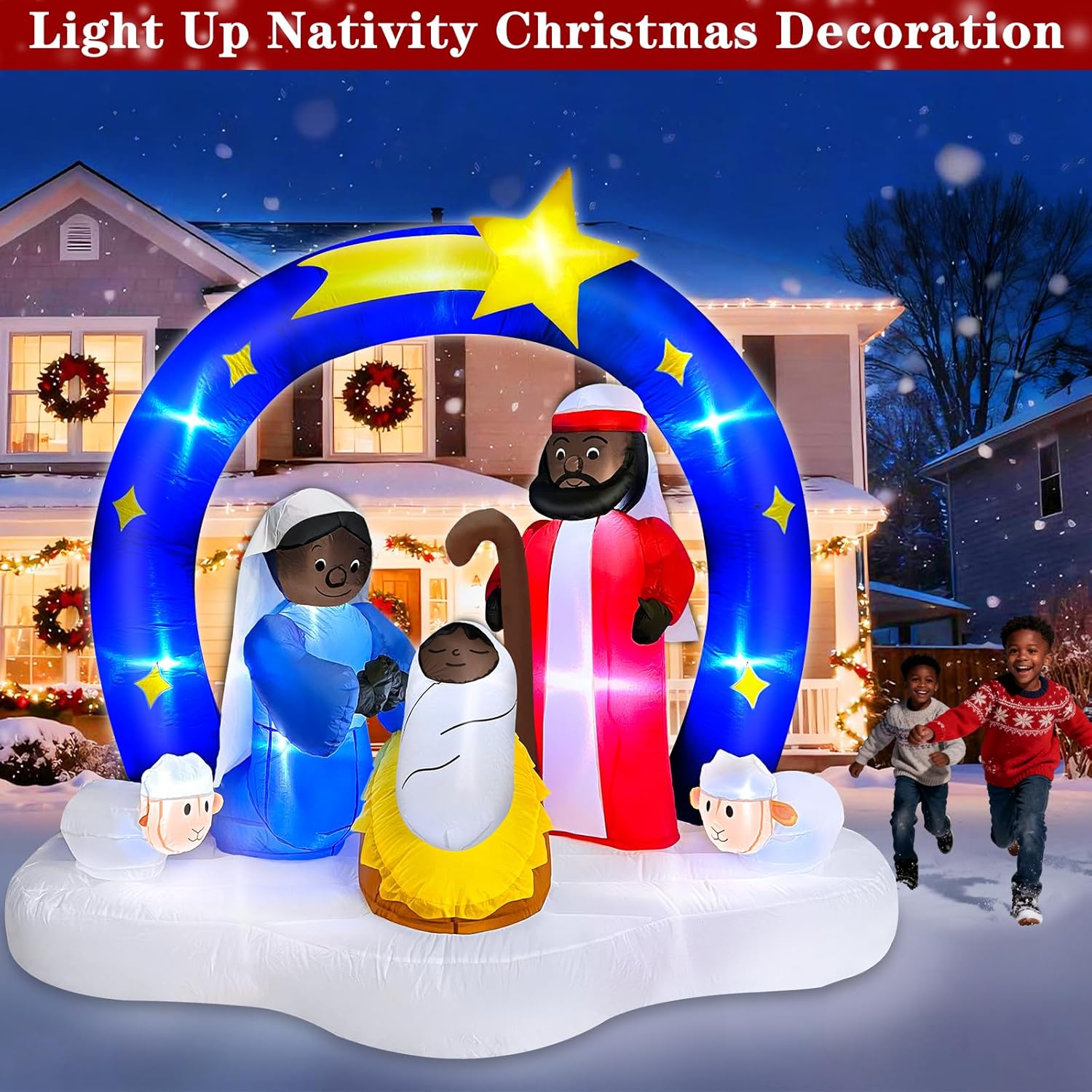 7 FT Long 6 Ft Tall African American Christmas Inflatable Black Nativity Set Built-in LED Lights The Birth of Jesus Scene with Star of Bethlehem Archway Blow up for Yard Garden Xmas Holiday Decor