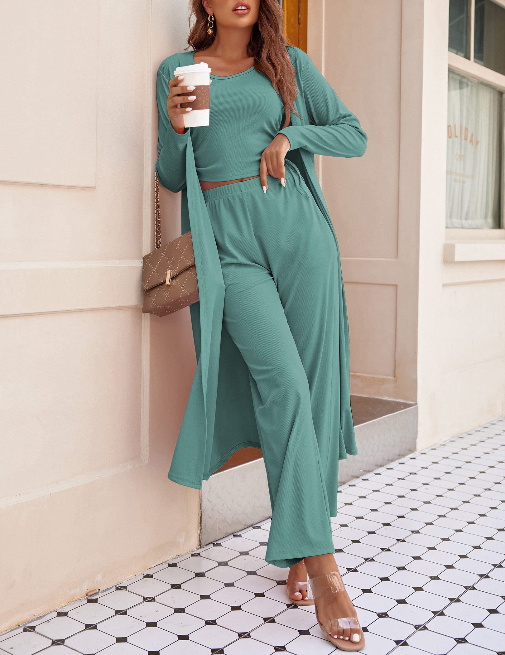 Ekouaer Women's 3 Piece Knit Lounge Set Pajama Long Sleeve Cardigan Sleeveless Top Pants Sweatsuit S-XXL