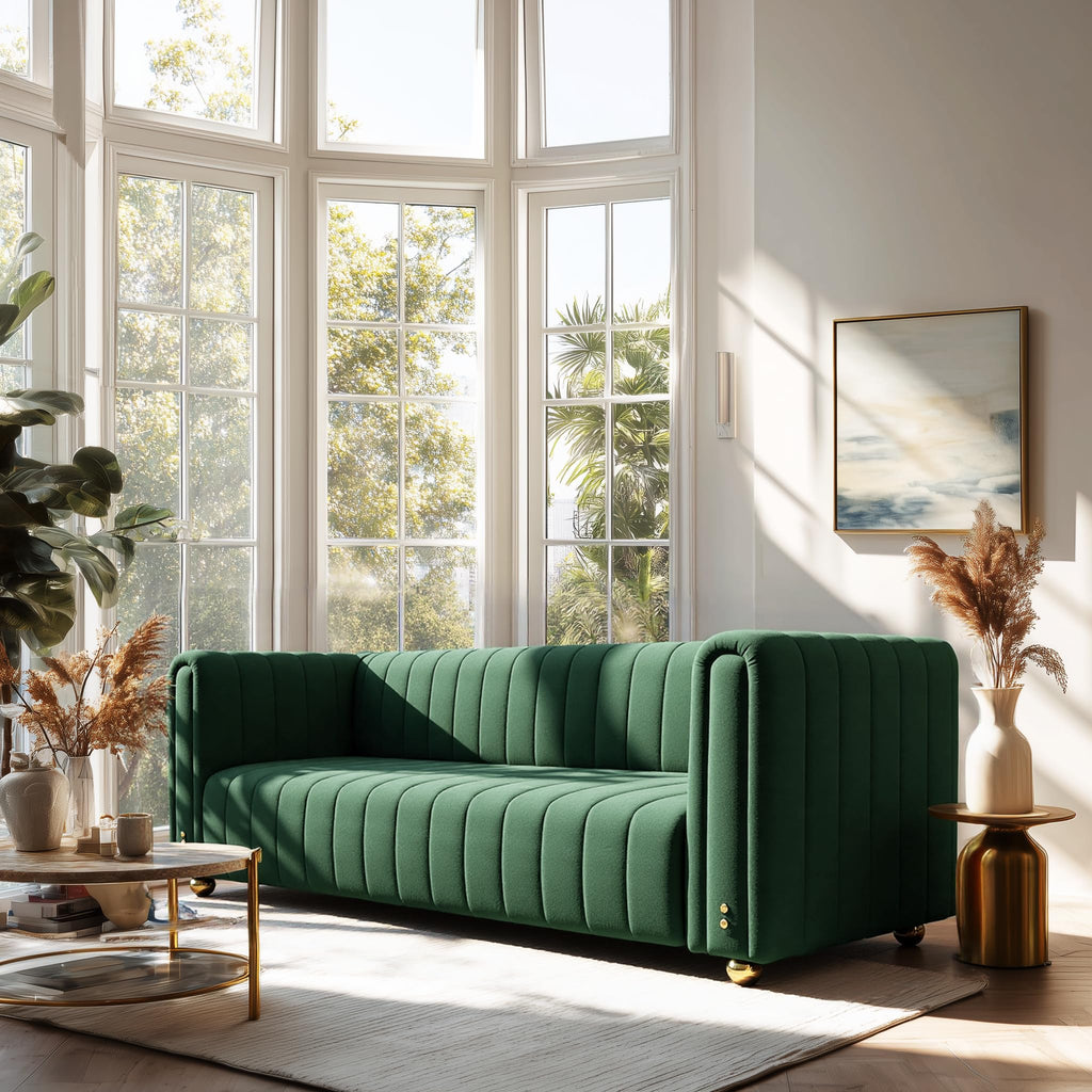 81" W Tufted Velvet Couch,Modern Velvet Sofa with Round Handrails and Metal Legs for Living Room,Office,Apartment (1, Pink)