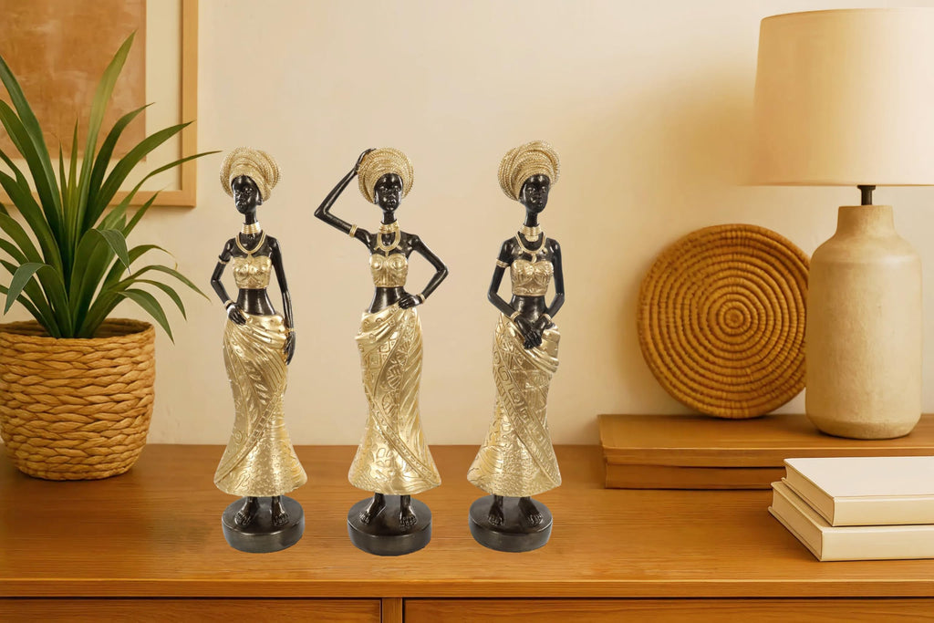 Set of 3 Resin African Woman Statues – Elegant Tribal Figurines in Gold Dresses, Afrocentric Home Decor Sculptures for Living Room, Bookshelf, Gift