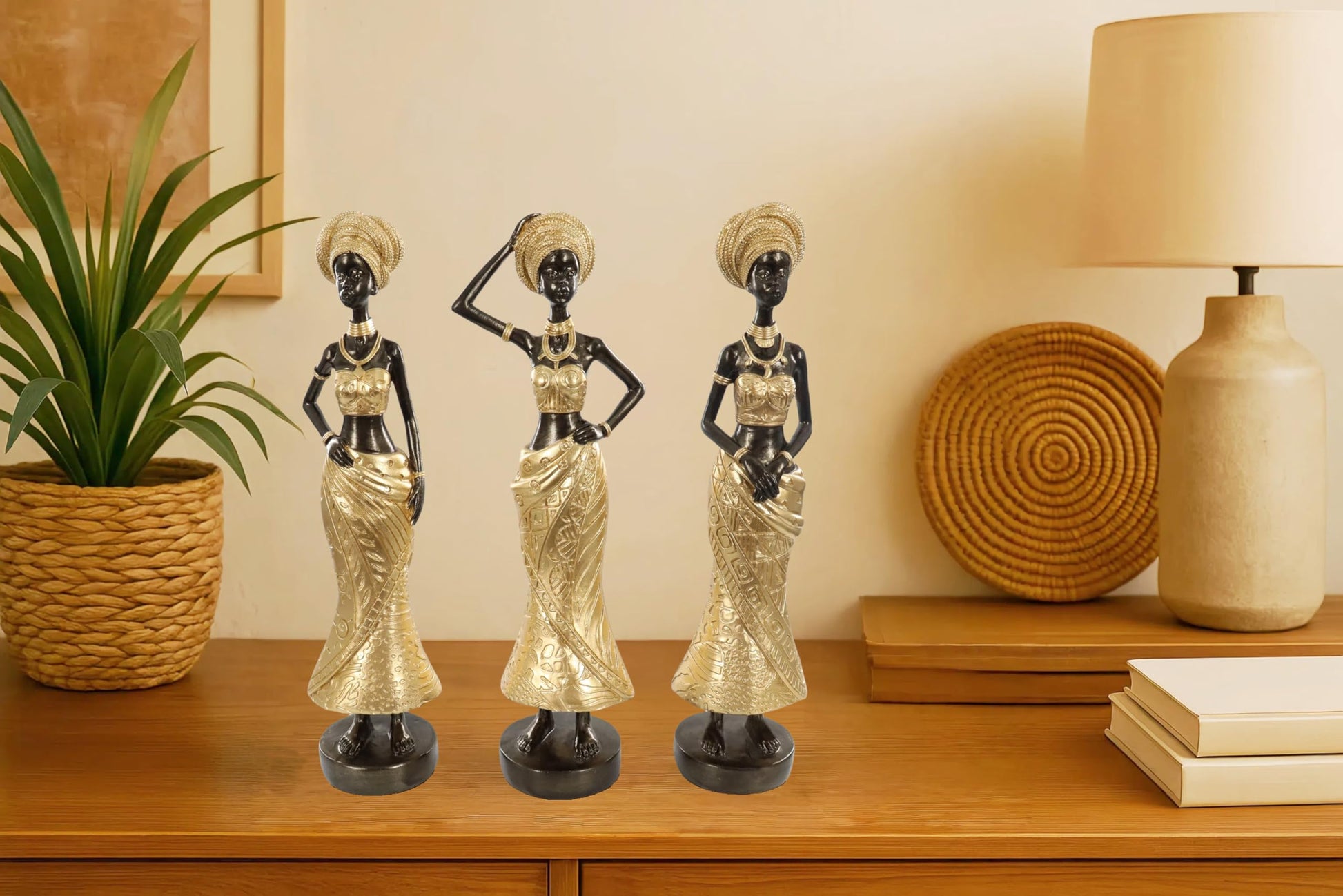 Set of 3 Resin African Woman Statues – Elegant Tribal Figurines in Gold Dresses, Afrocentric Home Decor Sculptures for Living Room, Bookshelf, Gift