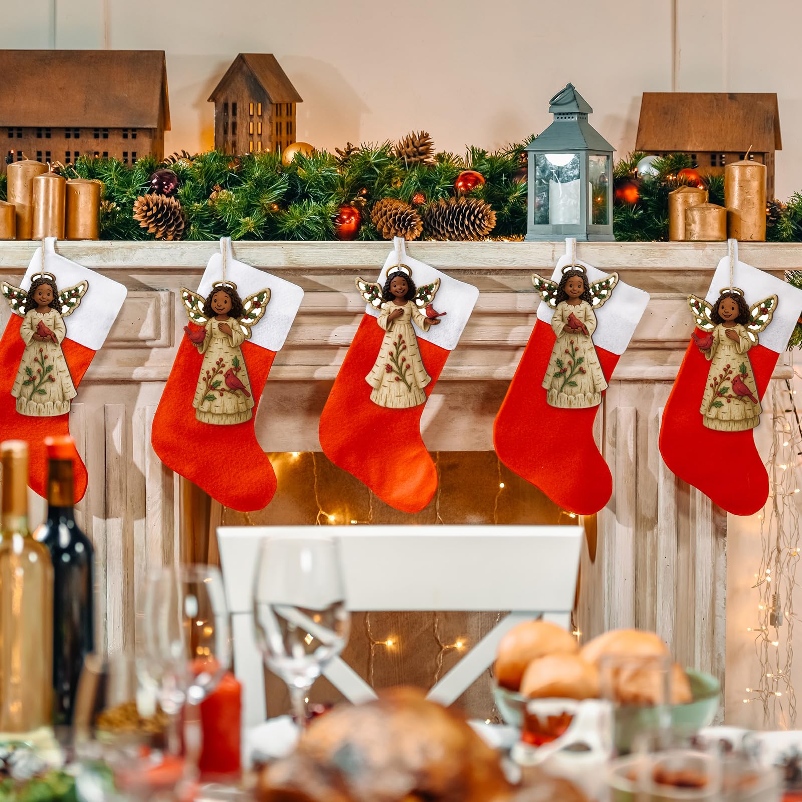 Youyole 24 Pcs Christmas Decoration African American Angel Ornaments with Cardinal Black Angel Ornaments Xmas Wooden Decor Gift for Christmas Tree Fireplace Office Holiday Decor (Wings)