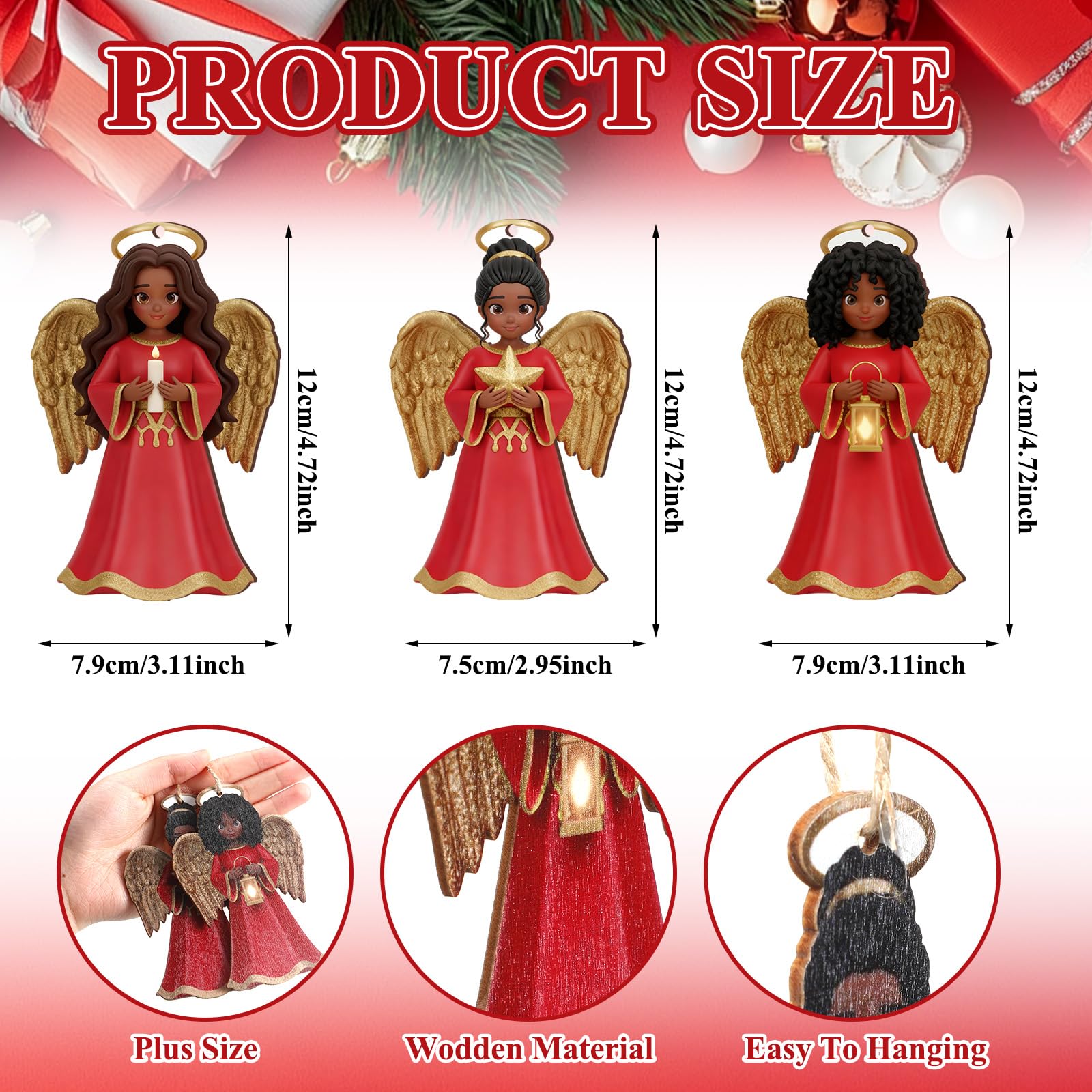 Youyole 24 Pcs Christmas Decoration African American Angel Ornaments with Cardinal Black Angel Ornaments Xmas Wooden Decor Gift for Christmas Tree Fireplace Office Holiday Decor (Wings)