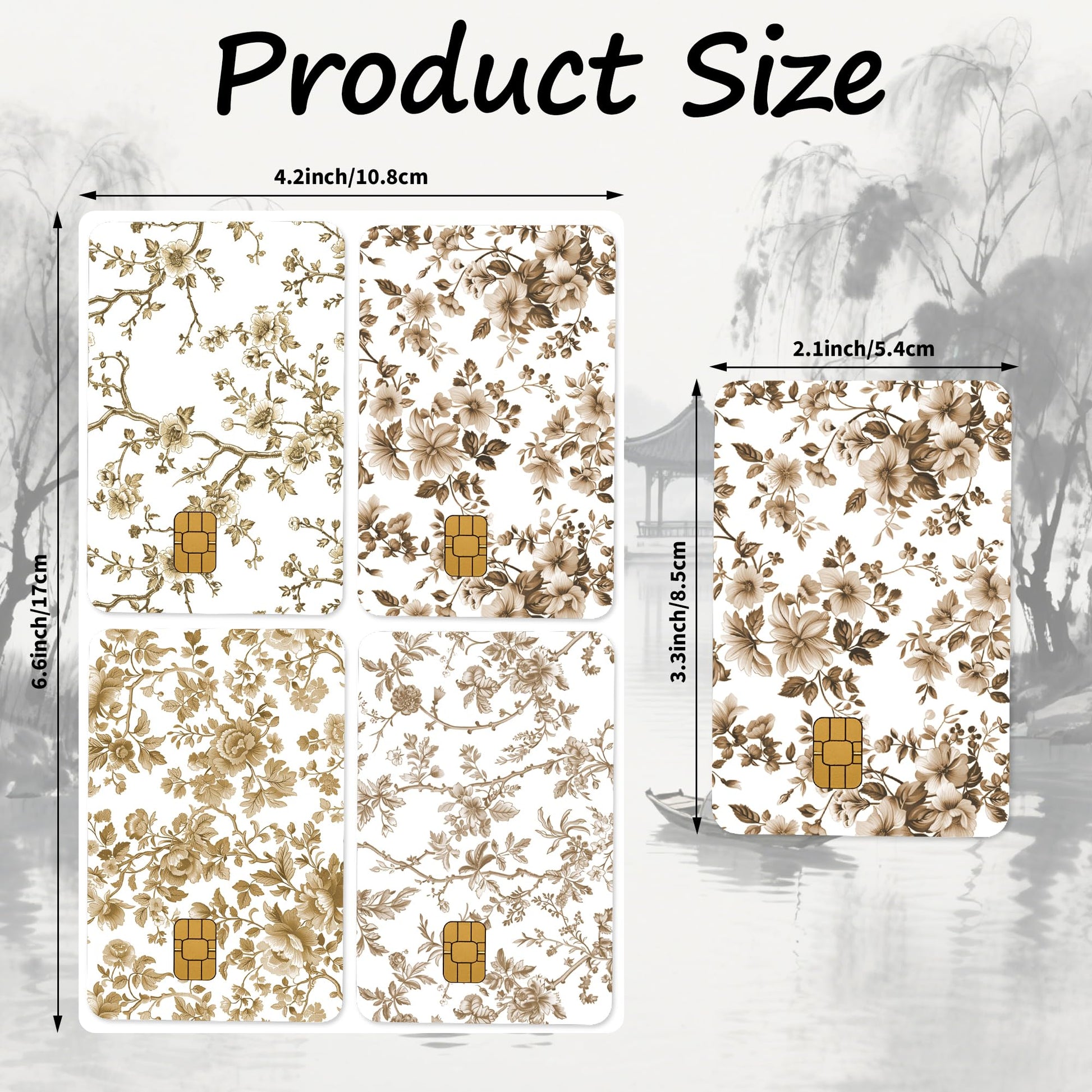 Credit Card Skin Stickers: 4PCS Scenic Mountain Debit Card Skins, Chinoiserie Landscape Cards Covers with Chip Cutout, Waterproof Removable Sticker Wraps for Bank Transportation Key Cards