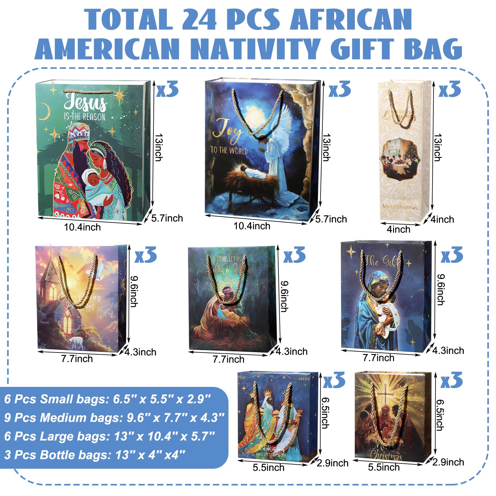 Kolldenn 24 Pack African American Religious Christmas Gift Bags Assorted Size Black Jesus Nativity Scene Paper Goodie Treat Wrapping Bags with Handle for Xmas Holiday Party Favors