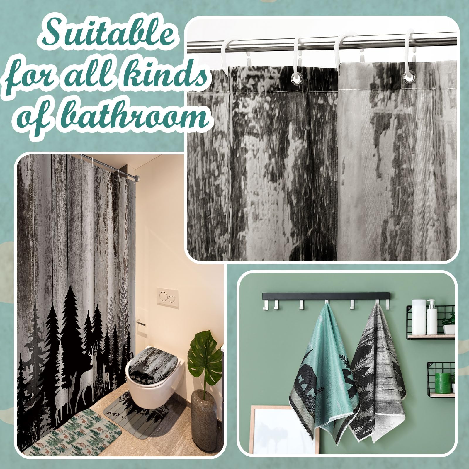 Honoson 8 Pcs Christmas Black Santa Claus Shower Curtain Set with Rugs and Kitchen Towels African American Retro Christmas Bathroom Decor Black Santa Curtain Decorations Xmas Farmhouse Gifts