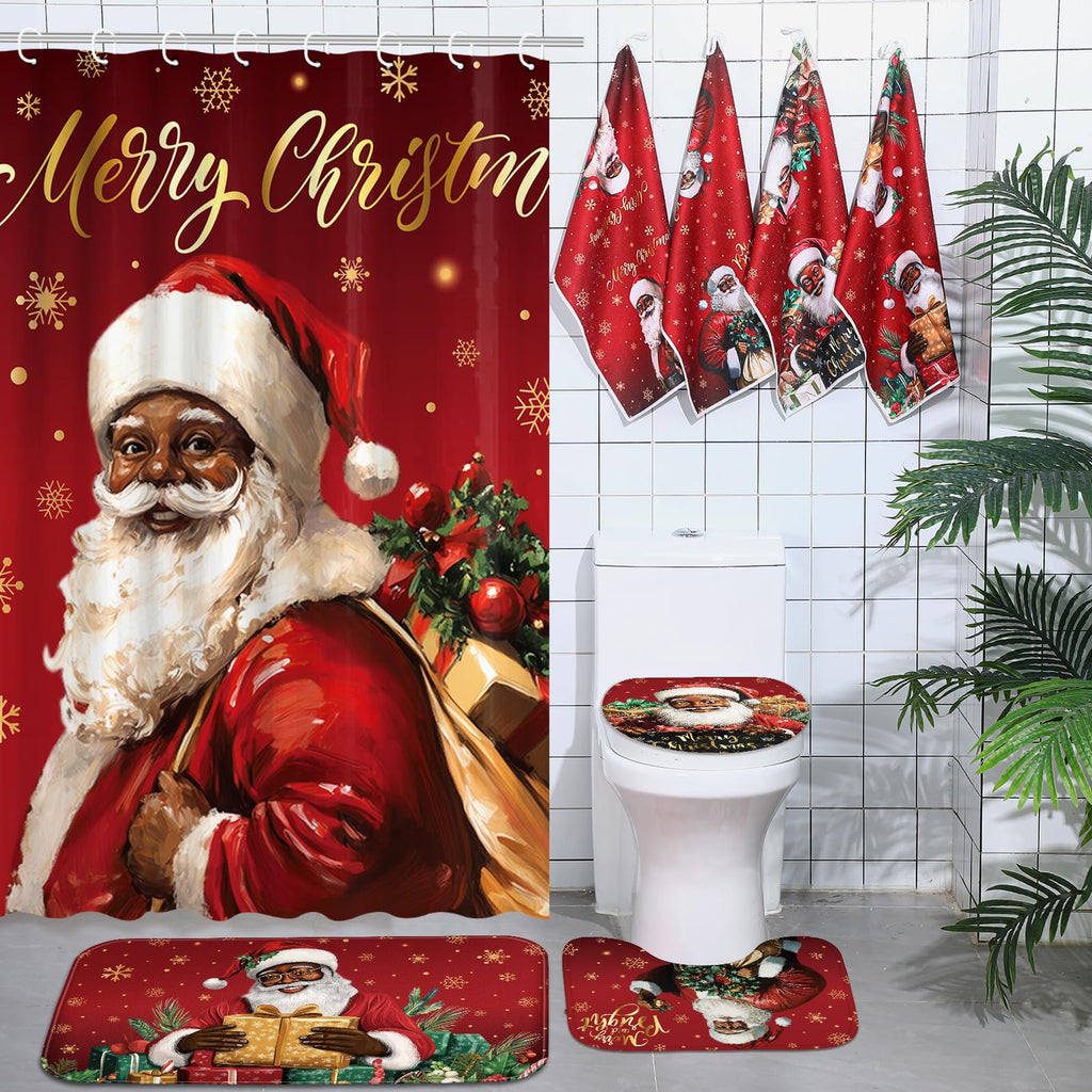 Honoson 8 Pcs Christmas Black Santa Claus Shower Curtain Set with Rugs and Kitchen Towels African American Retro Christmas Bathroom Decor Black Santa Curtain Decorations Xmas Farmhouse Gifts