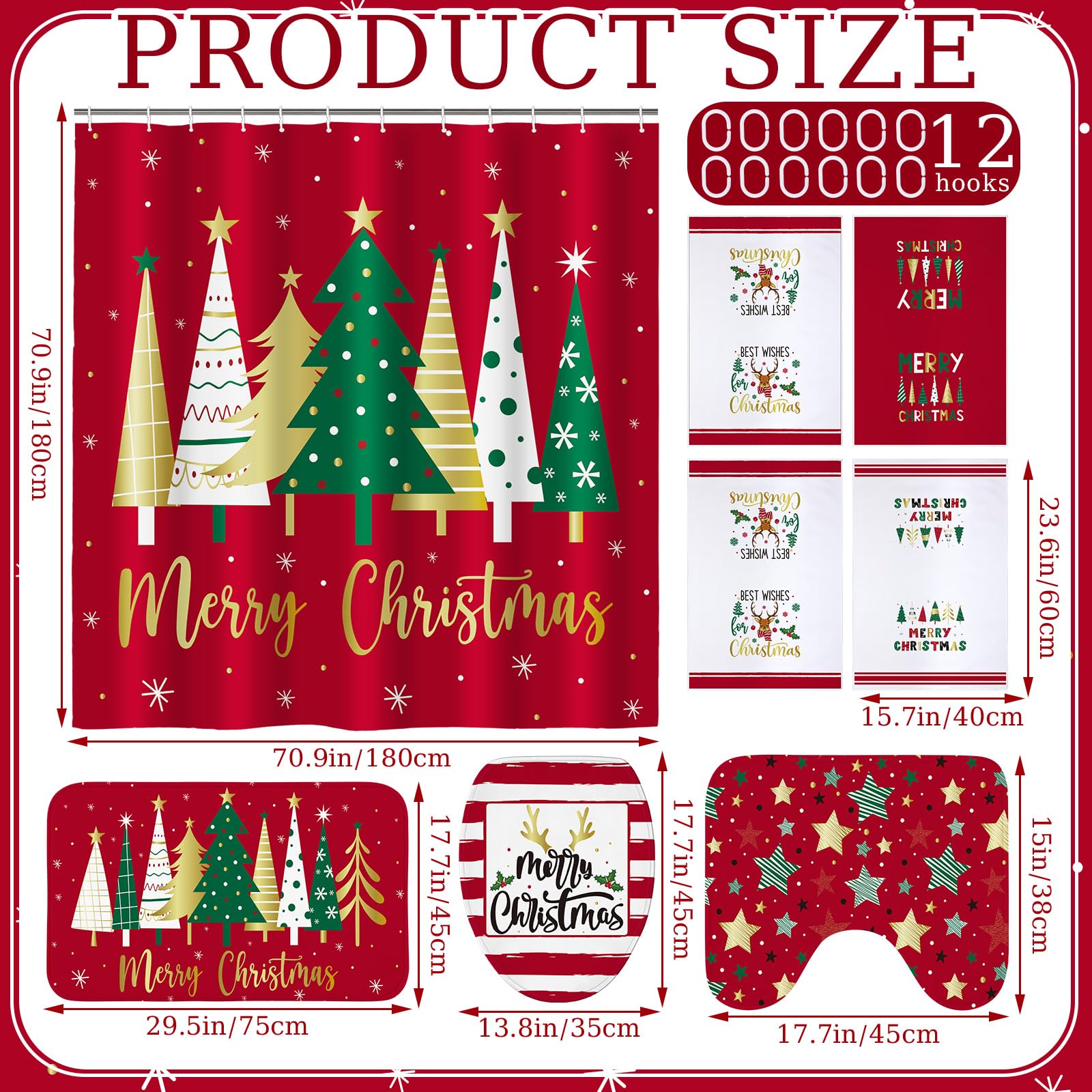 Honoson 8 Pcs Christmas Black Santa Claus Shower Curtain Set with Rugs and Kitchen Towels African American Retro Christmas Bathroom Decor Black Santa Curtain Decorations Xmas Farmhouse Gifts