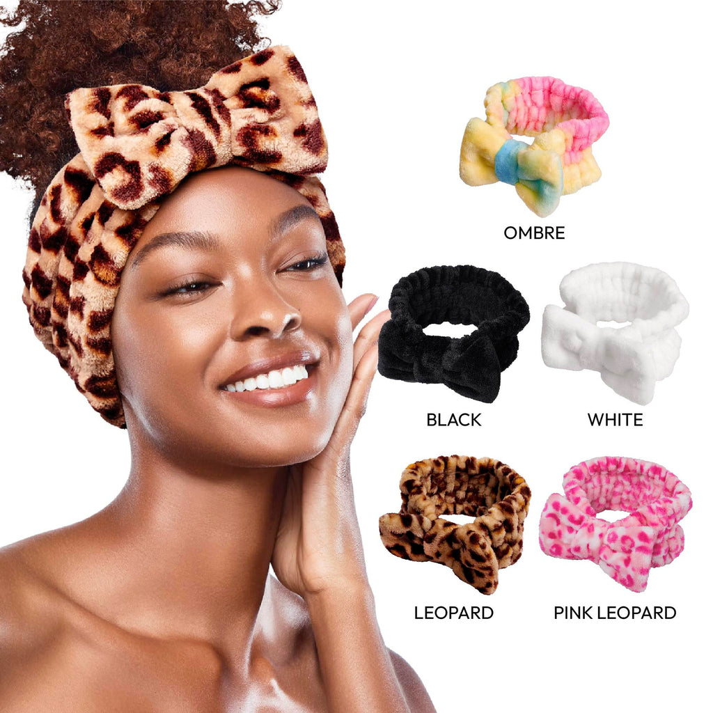 Red by Kiss Spa Headband for Washing Face Facial Makeup Bow Head Band Soft Plush Fleece Stretchy Head Wraps for Women Shower Bath Washing Face Mask (WHITE)