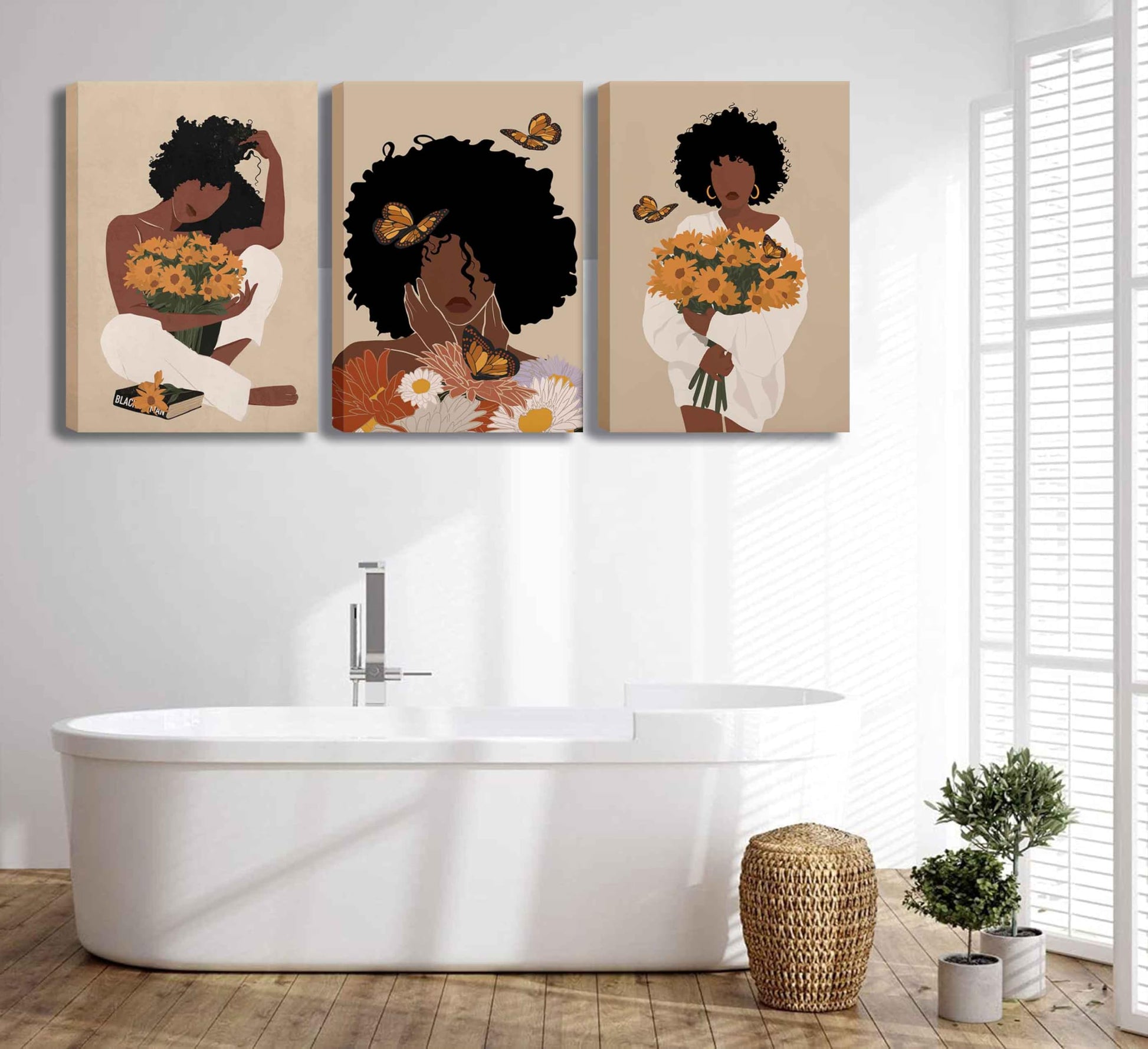WSTUKVV 3Pcs Black Girl Bathroom Wall Art Boho Black Woman Posters Pictures African American Canvas Prints Fashion Abstract Paintings For Bathroom Home Bedroom Living Room Wall Decor Frame