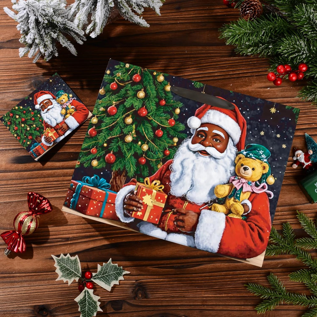 Merry Christmas Gift Bags African American Black Santa Claus Christmas Gift Wrapping Bag with Greeting Card and Tissue Wrapping Paper Large Xmas Goody Bags with Handles for Holiday Christmas Party Favors