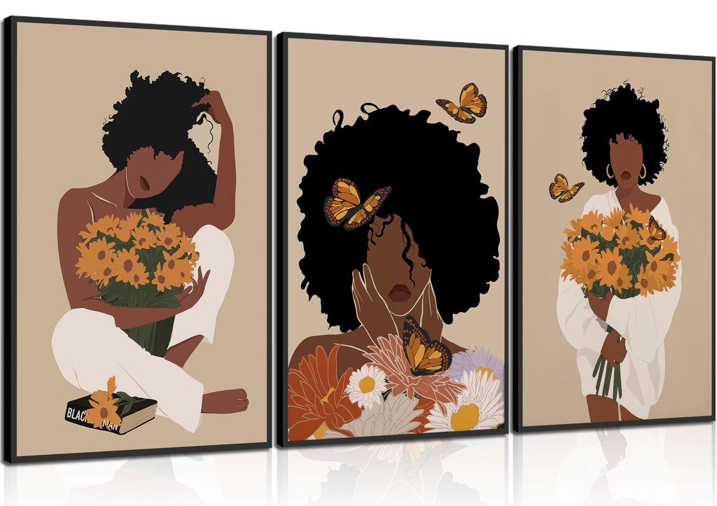 WSTUKVV 3Pcs Black Girl Bathroom Wall Art Boho Black Woman Posters Pictures African American Canvas Prints Fashion Abstract Paintings For Bathroom Home Bedroom Living Room Wall Decor Frame
