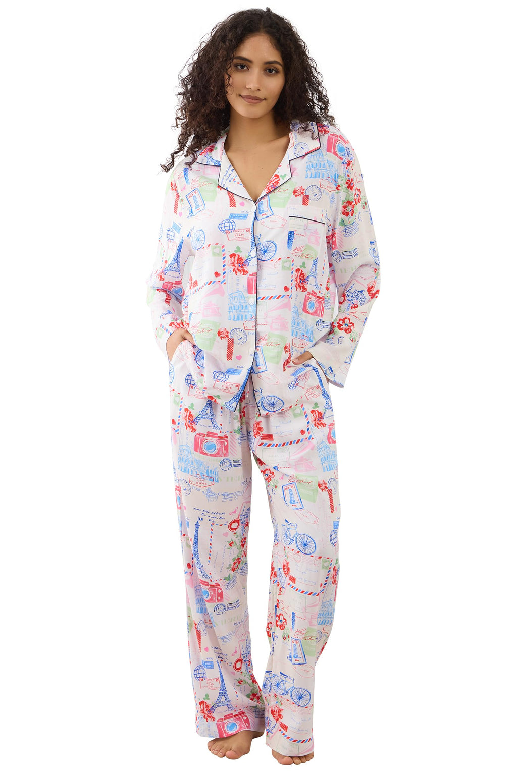Womens Pajamas Set 2 Piece Long Sleeve Sleepwear Button Down Pjs Lounge Set Nightwear with Pockets