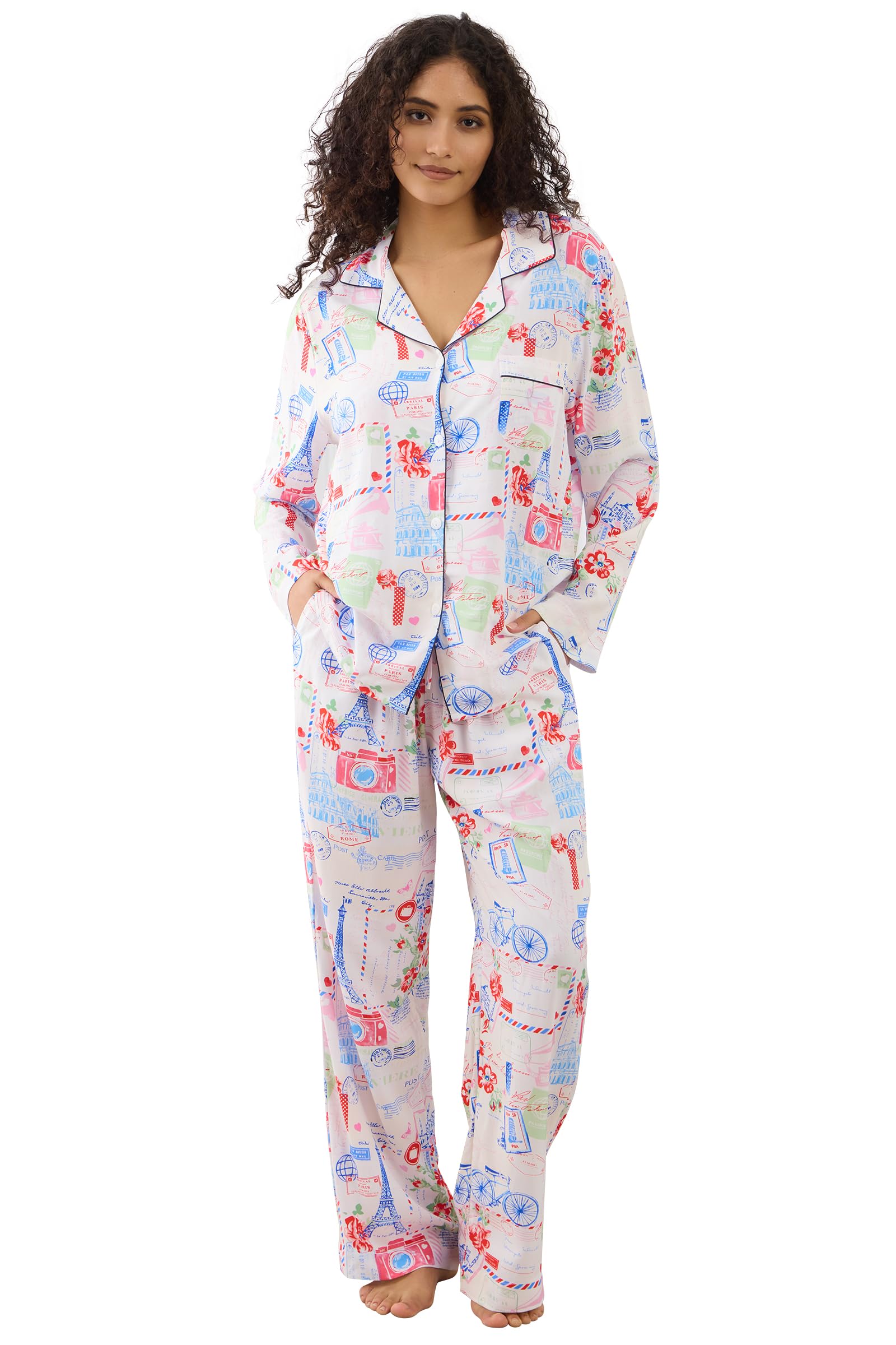 Womens Pajamas Set 2 Piece Long Sleeve Sleepwear Button Down Pjs Lounge Set Nightwear with Pockets