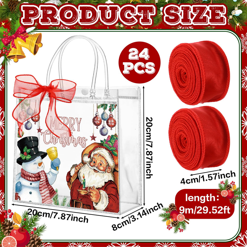 Motipuns 24 Pcs Christmas Clear PVC Gift Bags with Handles and Ribbon African American Black Santa Claus Party Favor Reusable Plastic Candy Treat Tote Bags for Merry New year Xmas Birthday Supplies