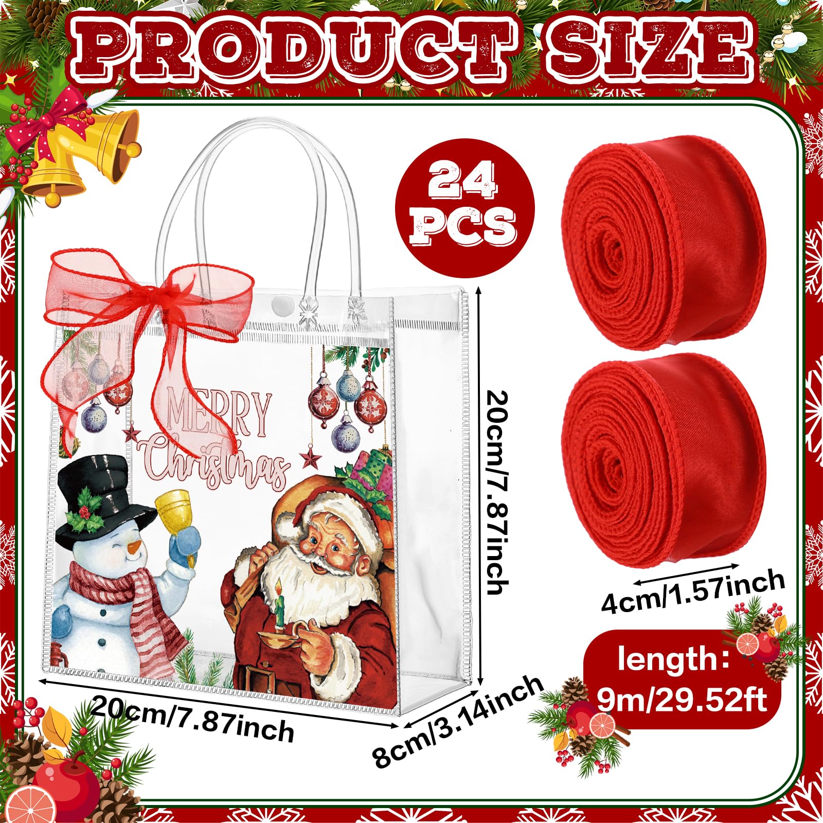 Motipuns 24 Pcs Christmas Clear PVC Gift Bags with Handles and Ribbon African American Black Santa Claus Party Favor Reusable Plastic Candy Treat Tote Bags for Merry New year Xmas Birthday Supplies