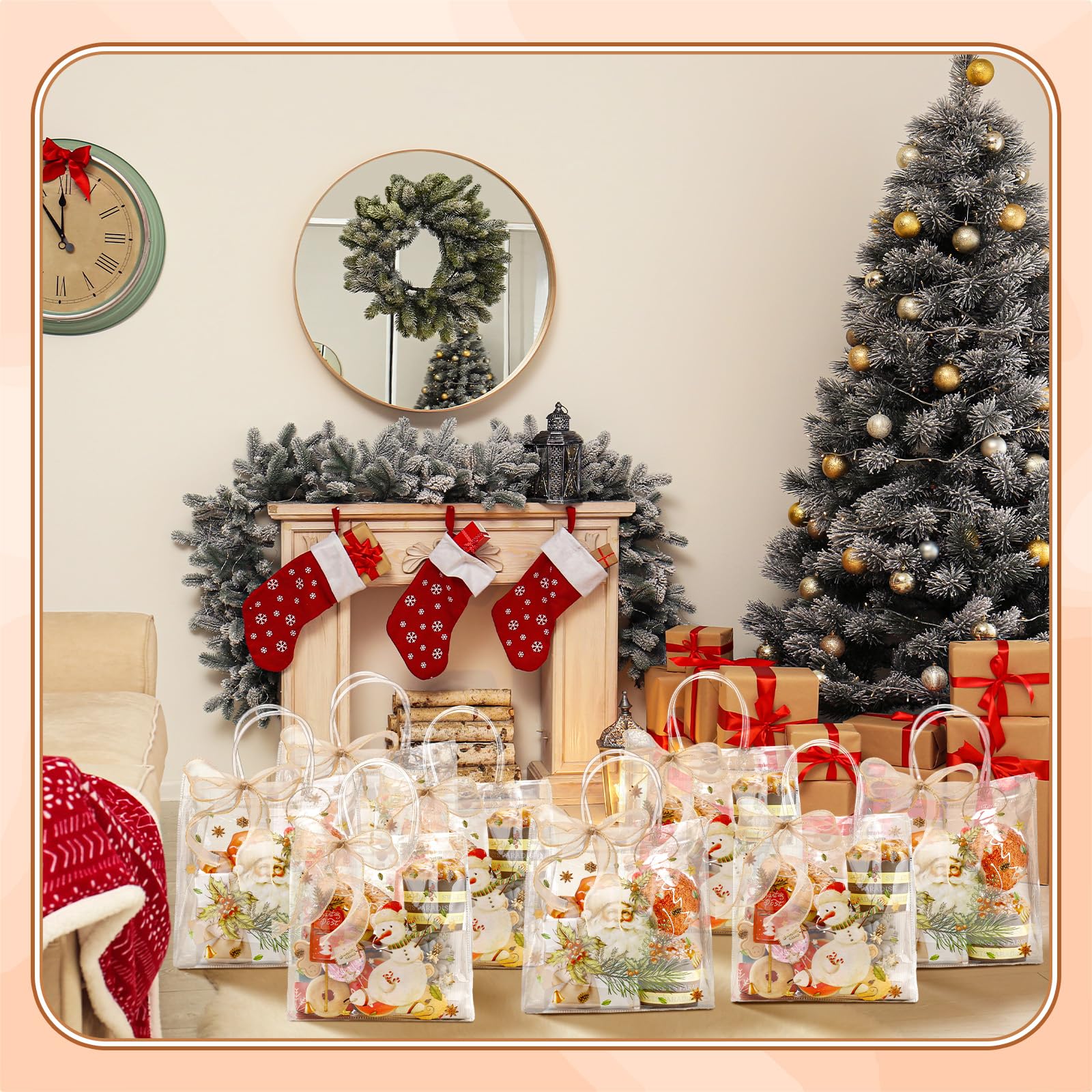 Motipuns 24 Pcs Christmas Clear PVC Gift Bags with Handles and Ribbon African American Black Santa Claus Party Favor Reusable Plastic Candy Treat Tote Bags for Merry New year Xmas Birthday Supplies