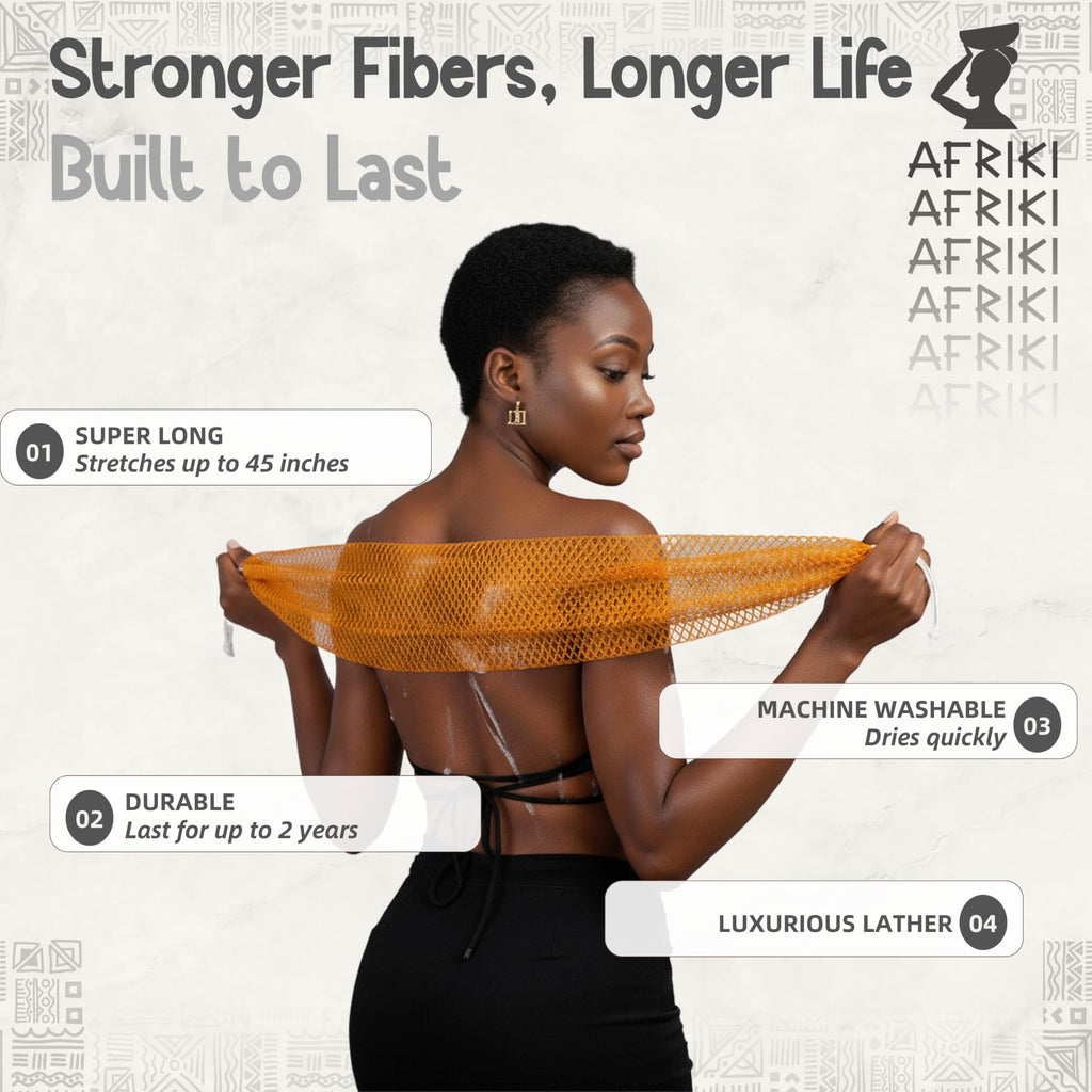 AFRIKI African Net Sponge – Exfoliating Body Scrubber, Black Owned & Rooted in Africa, All Skin Types | 45 in Long