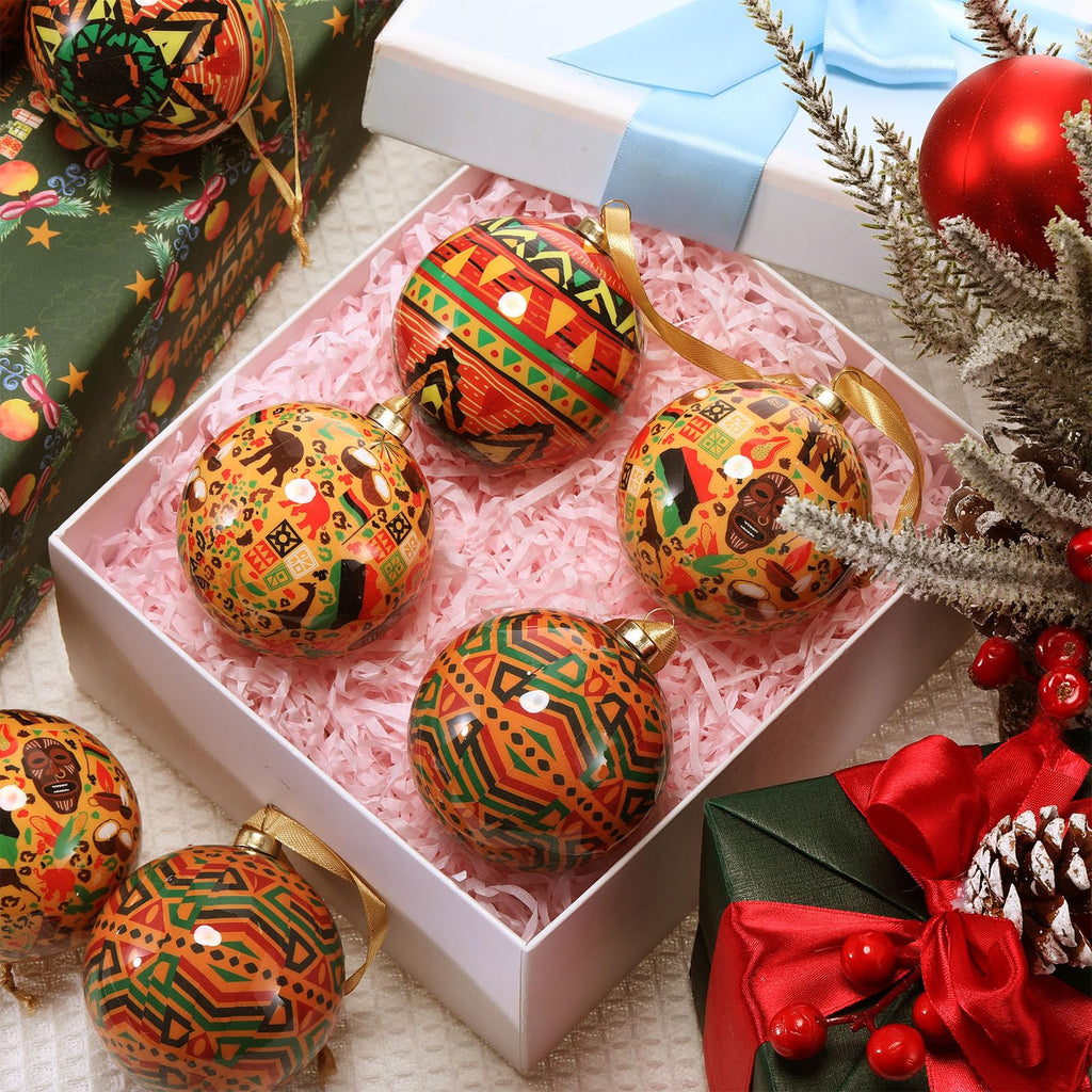 18 Pack Kente African Black Christmas Tree Balls Ornaments 2.76in Hanging Kwanzaa Ball Decorations Set Traditional African Print for Christmas Tree Kwanzaa Decor