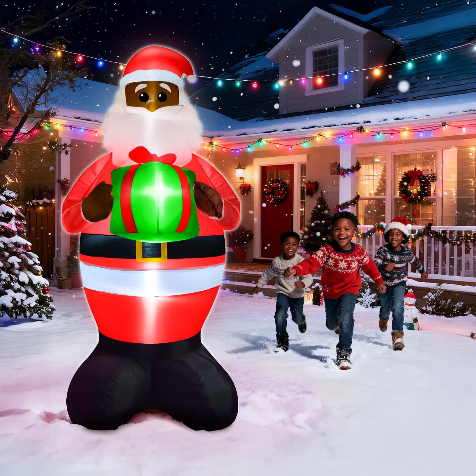 TURNMEON 6Ft Black Santa Claus Inflatables Christmas Decorations Outdoor African American Hold Gift Box LED Lights Blow Up Yard Decorations for Holiday Xmas Decor Outside Lawn Yard Garden Party